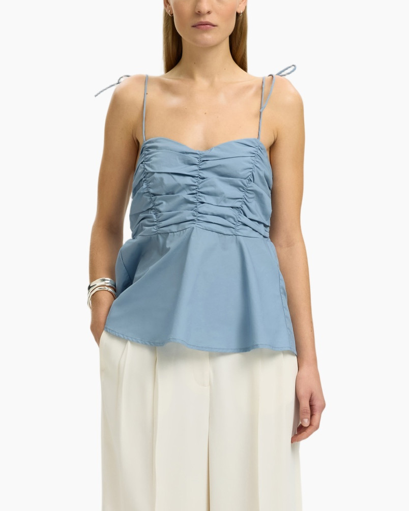 top, ruffled, spaghetti straps, blue, peplum
