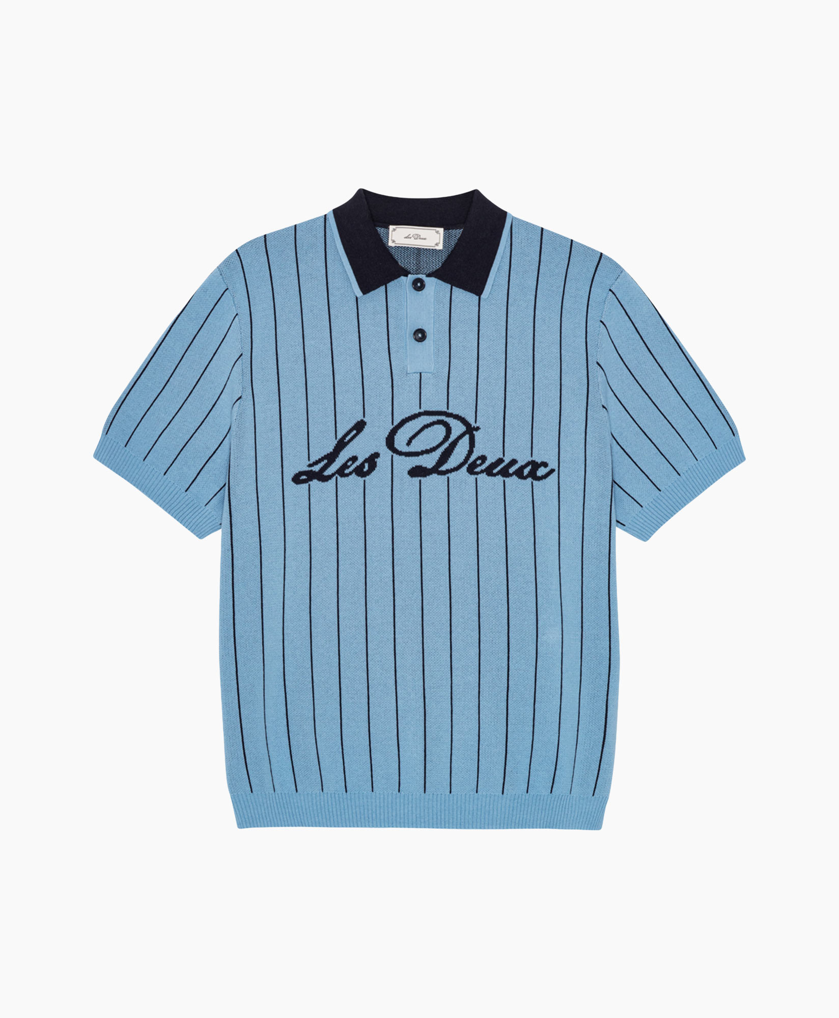 polo shirt, striped polo, short sleeve, light blue, text logo