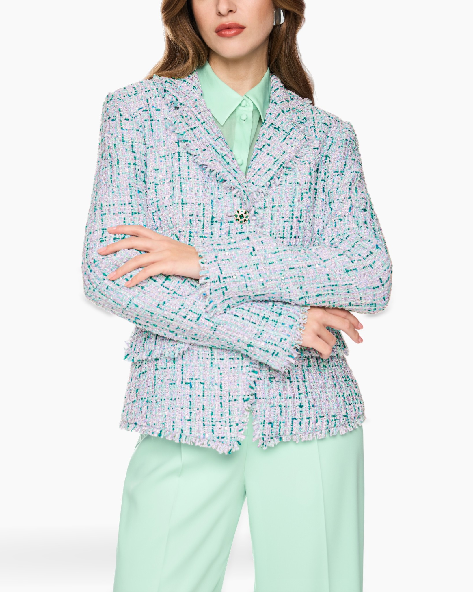 tweed blazer, double-breasted, pastel green, frayed edge, women's jacket