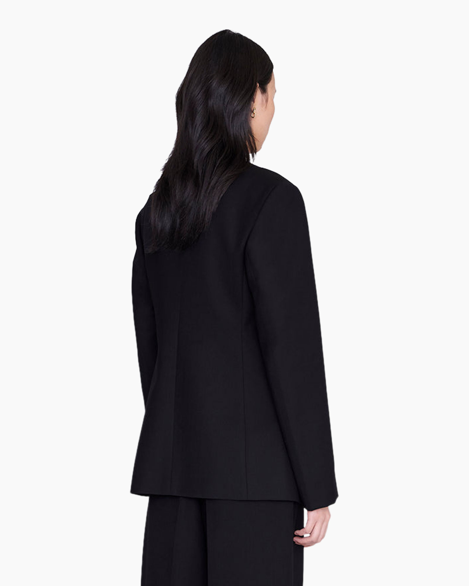 blazer, black, structured, long-sleeve, open-front