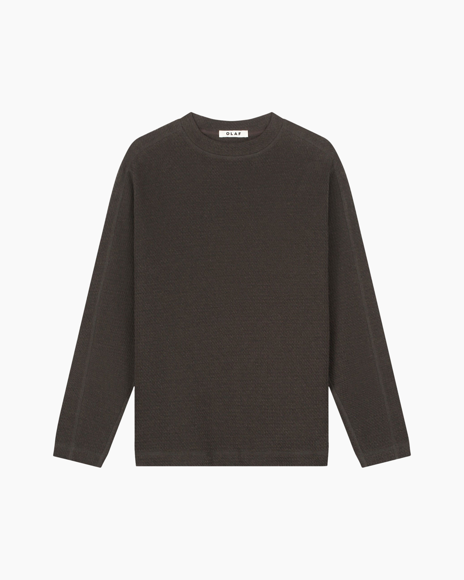 top, dark brown, long-sleeve, knit, crew neck
