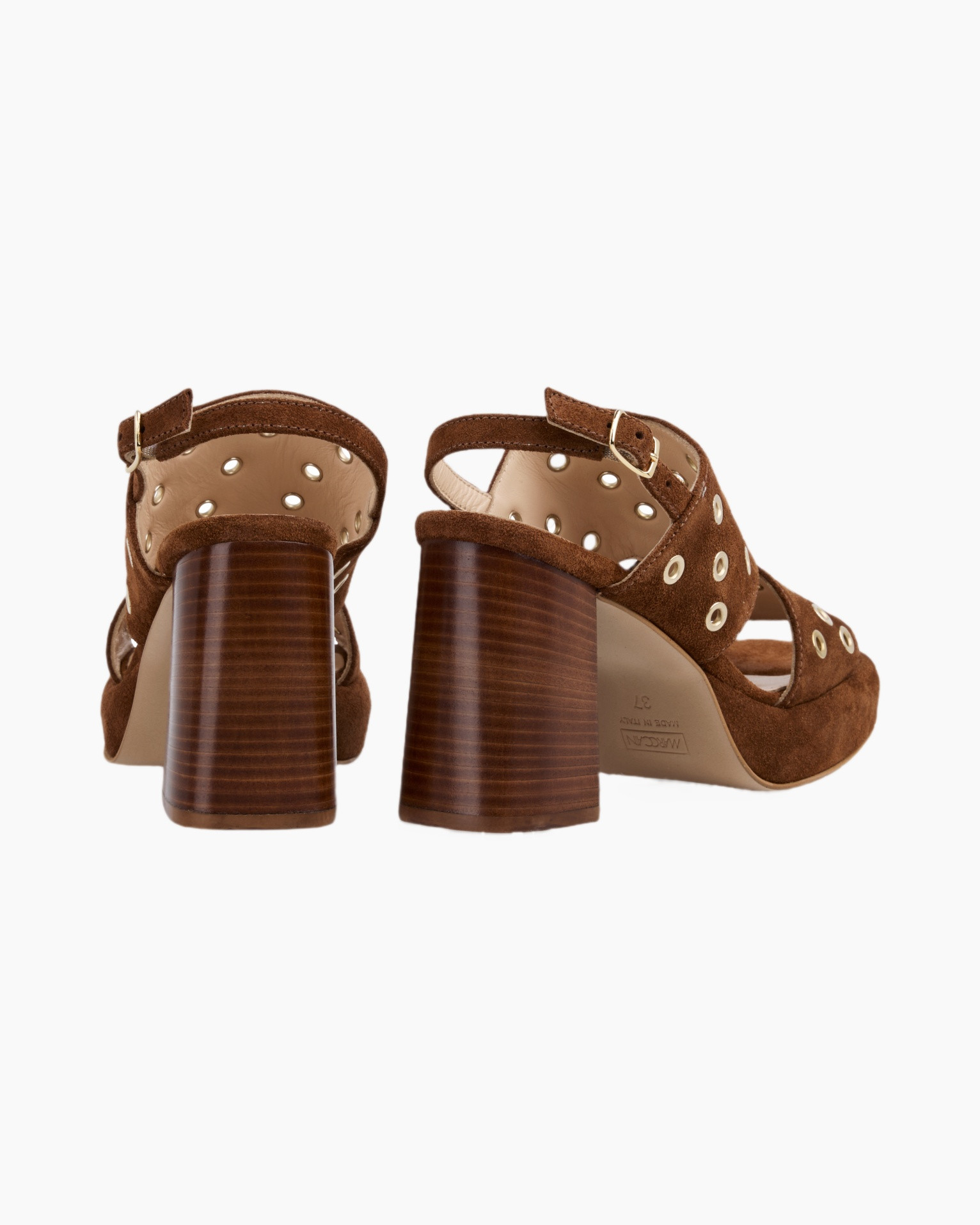 sandals, block heels, perforated, brown, leather? suede?