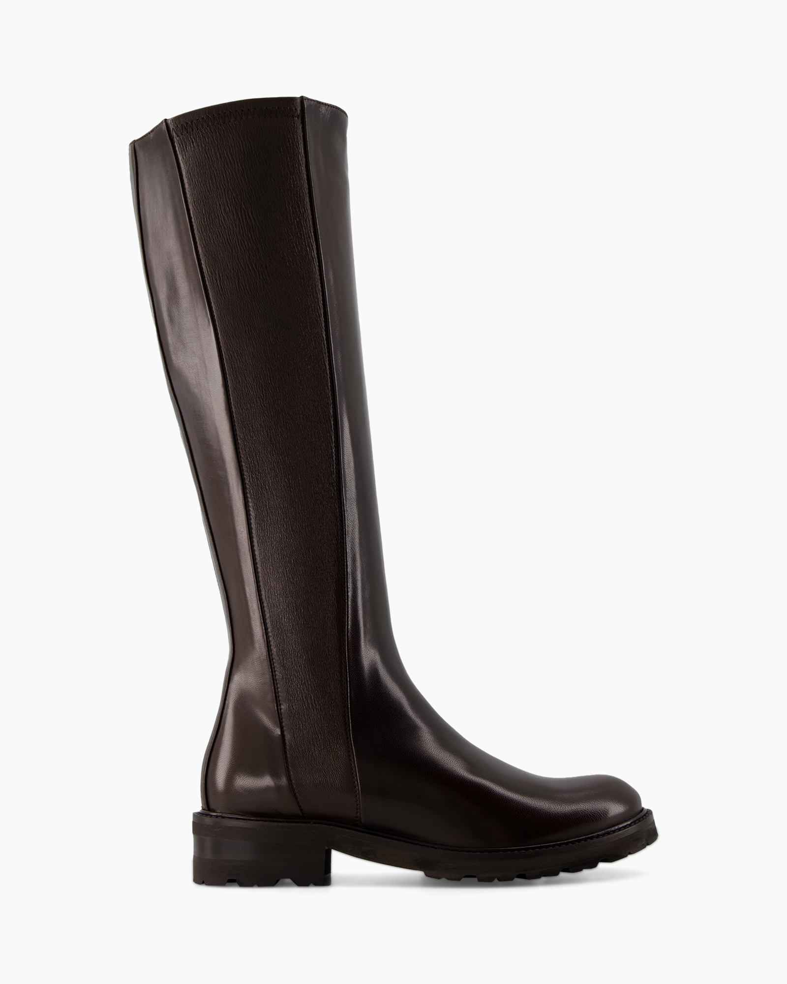 knee-high boot, brown leather, mid-cheel, slim shaft, flat sole