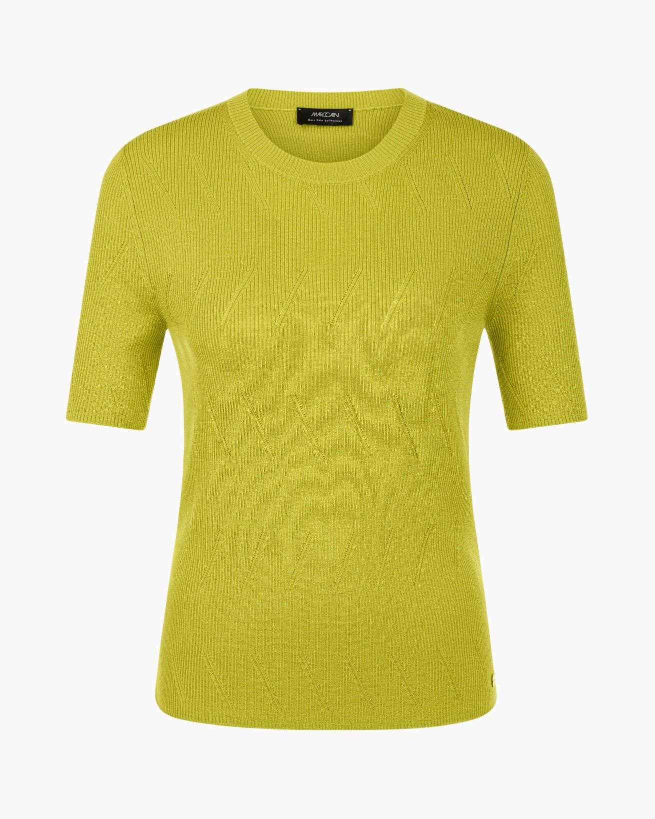 knit top, short sleeve, bright lime, textured pattern, crew neck