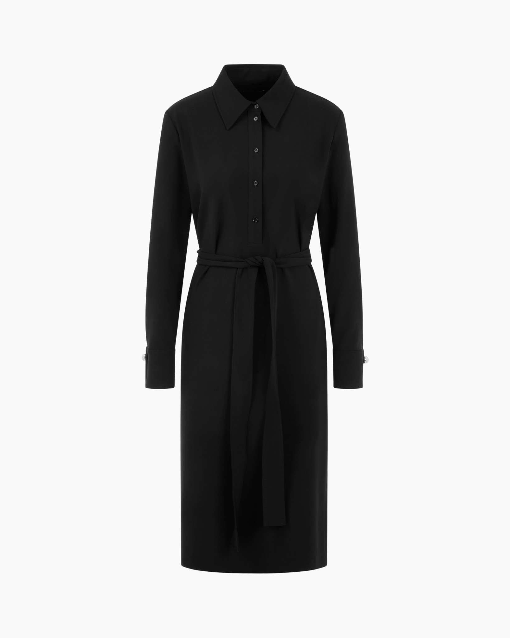 dress, shirt-dress, belt, long-sleeve, black