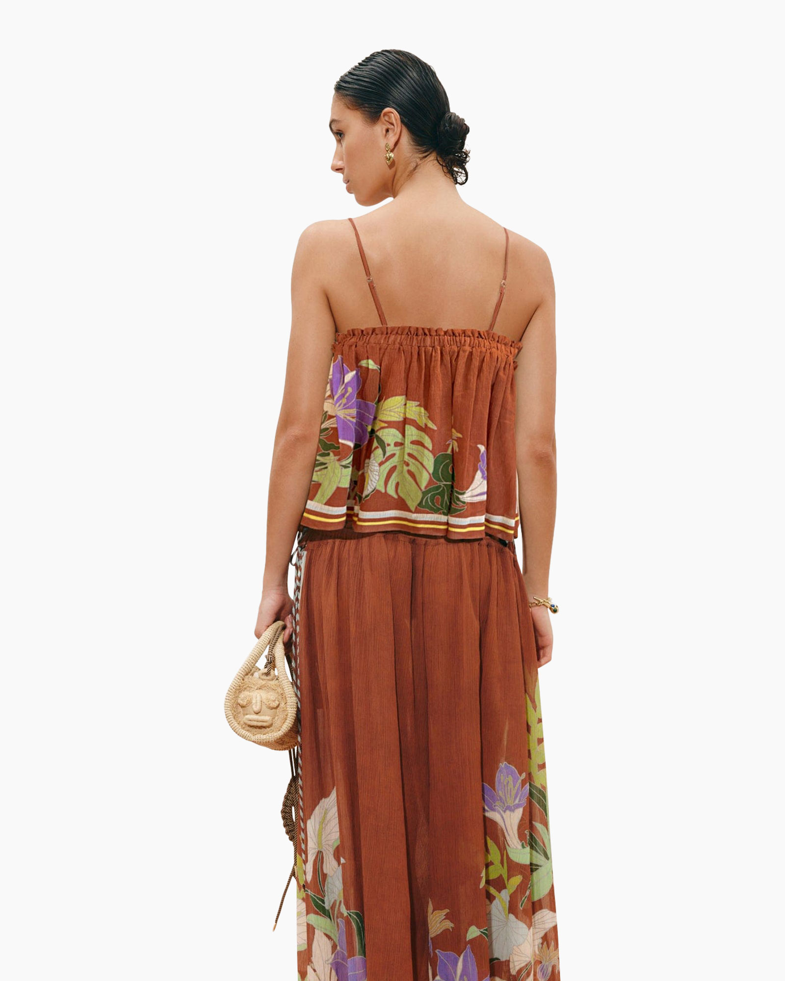 maxi dress, strap top, floral print, rust color, layered skirt