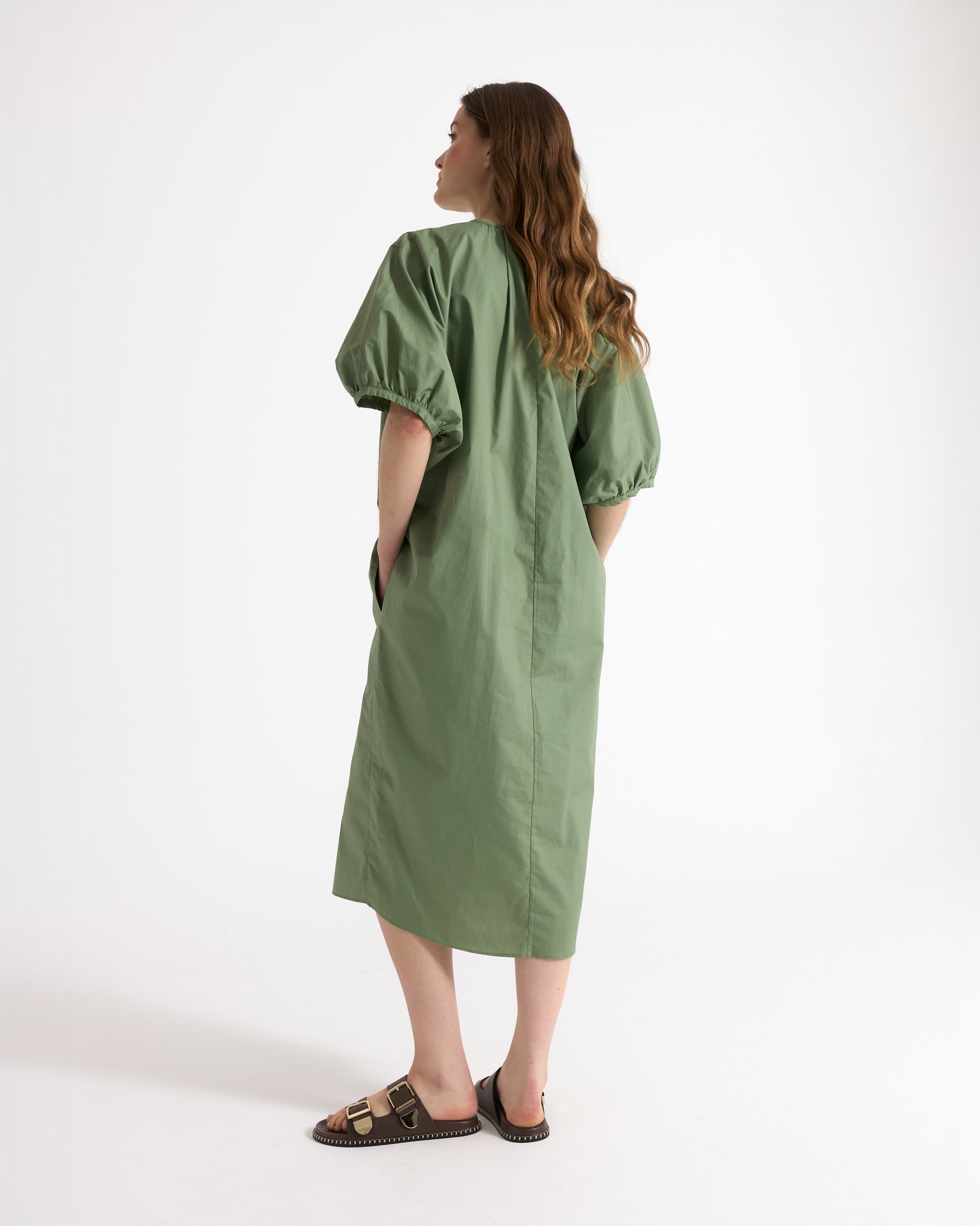 green dress, mid-length, puff sleeves, monochrome, casual dress