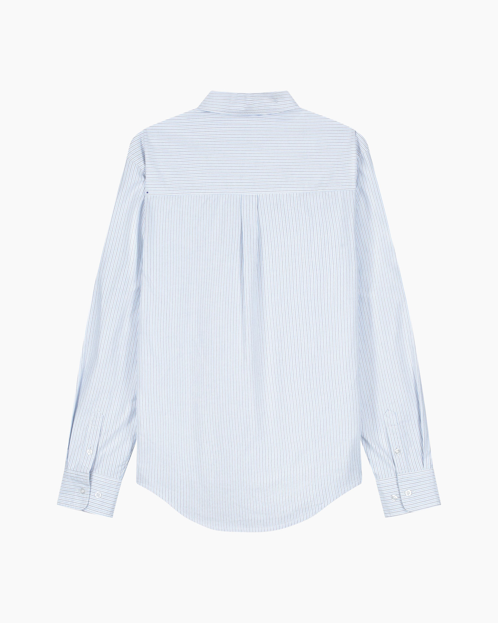 striped shirt, buttoned cuffs, long sleeve, collared shirt, back pleat