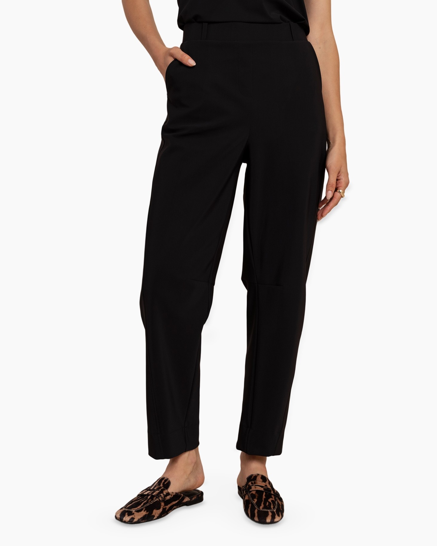pants, black, lounging, cropped, slip-on shoes