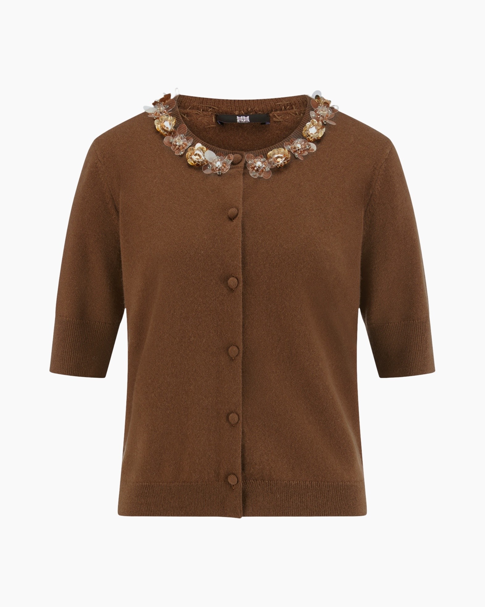 cardigan, brown, knit, short-sleeve, collarless