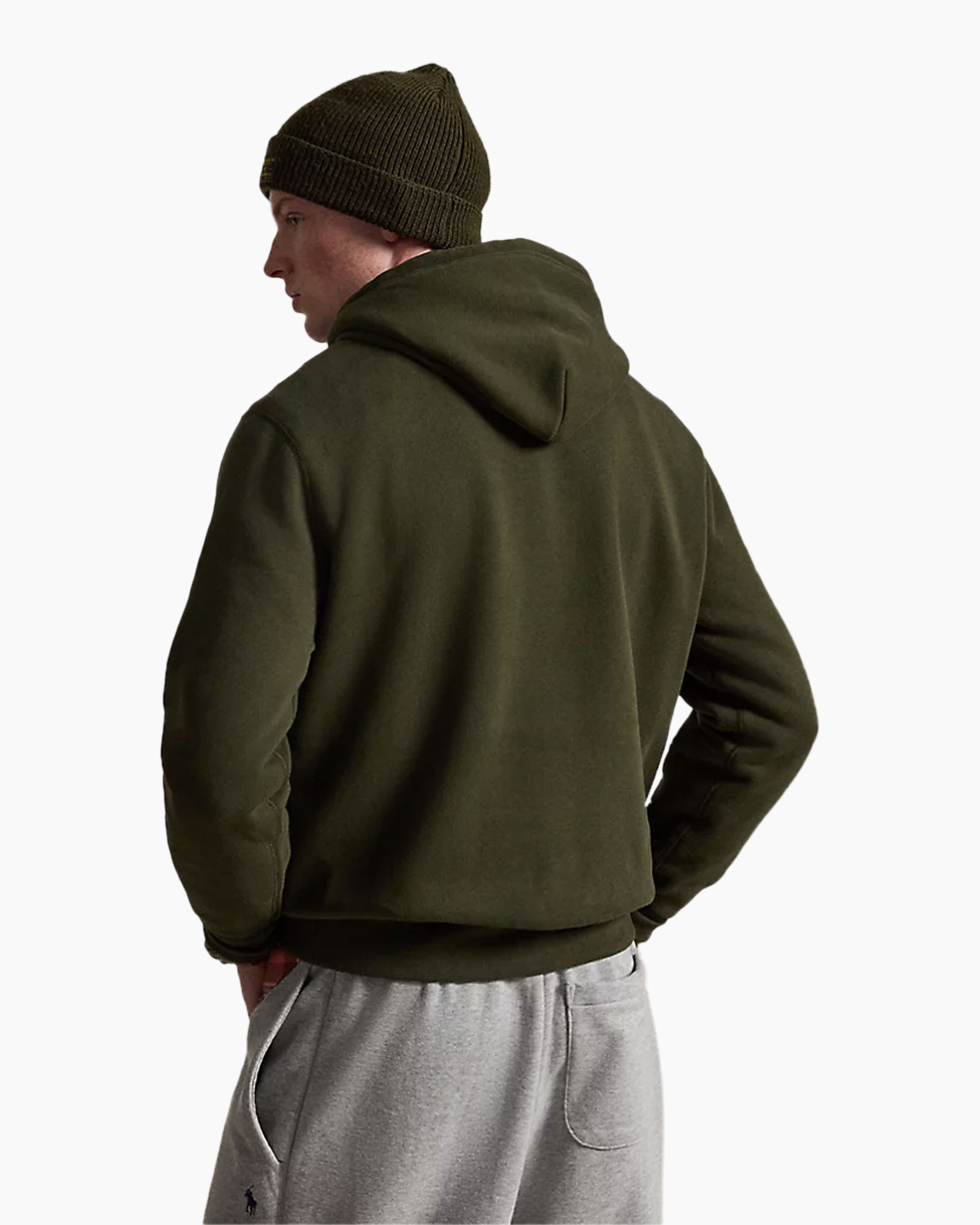 hoodie, hooded sweatshirt, olive green, back view, drawstringless?