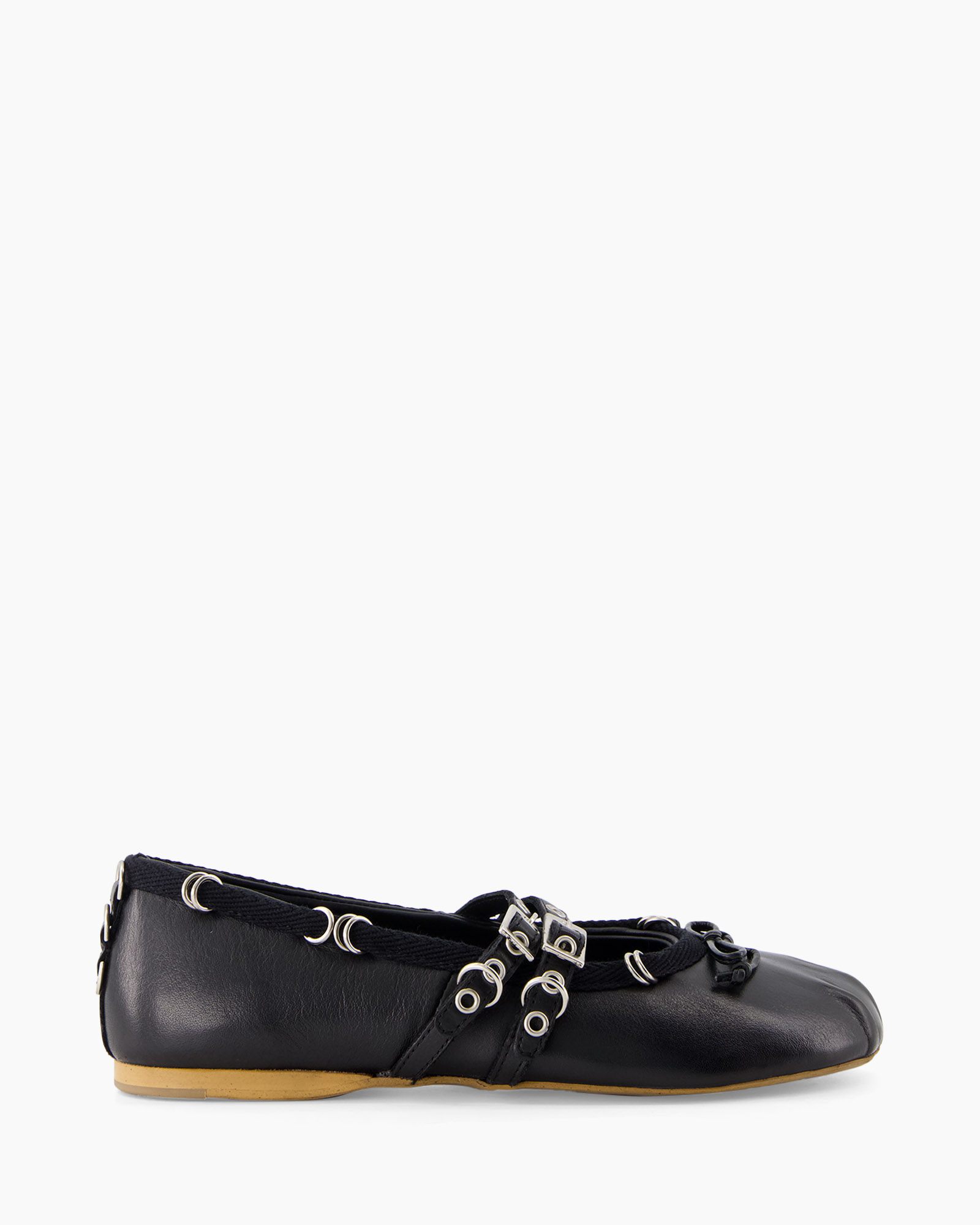 women's shoe, loafer, black leather, grommet detailing, flat sole