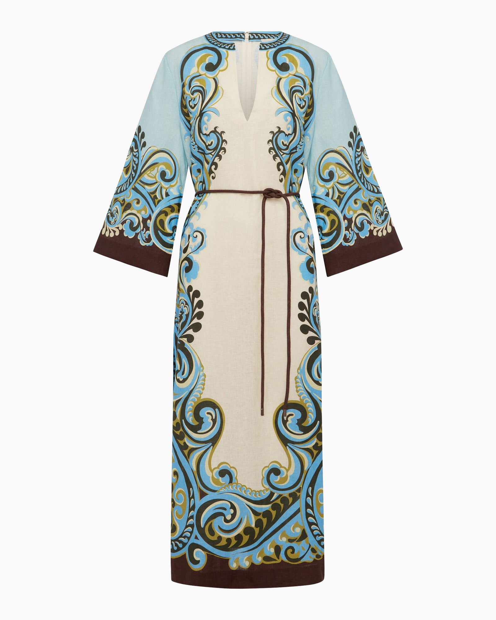 maxi dress, long dress, boho dress, paisley pattern, belted waist