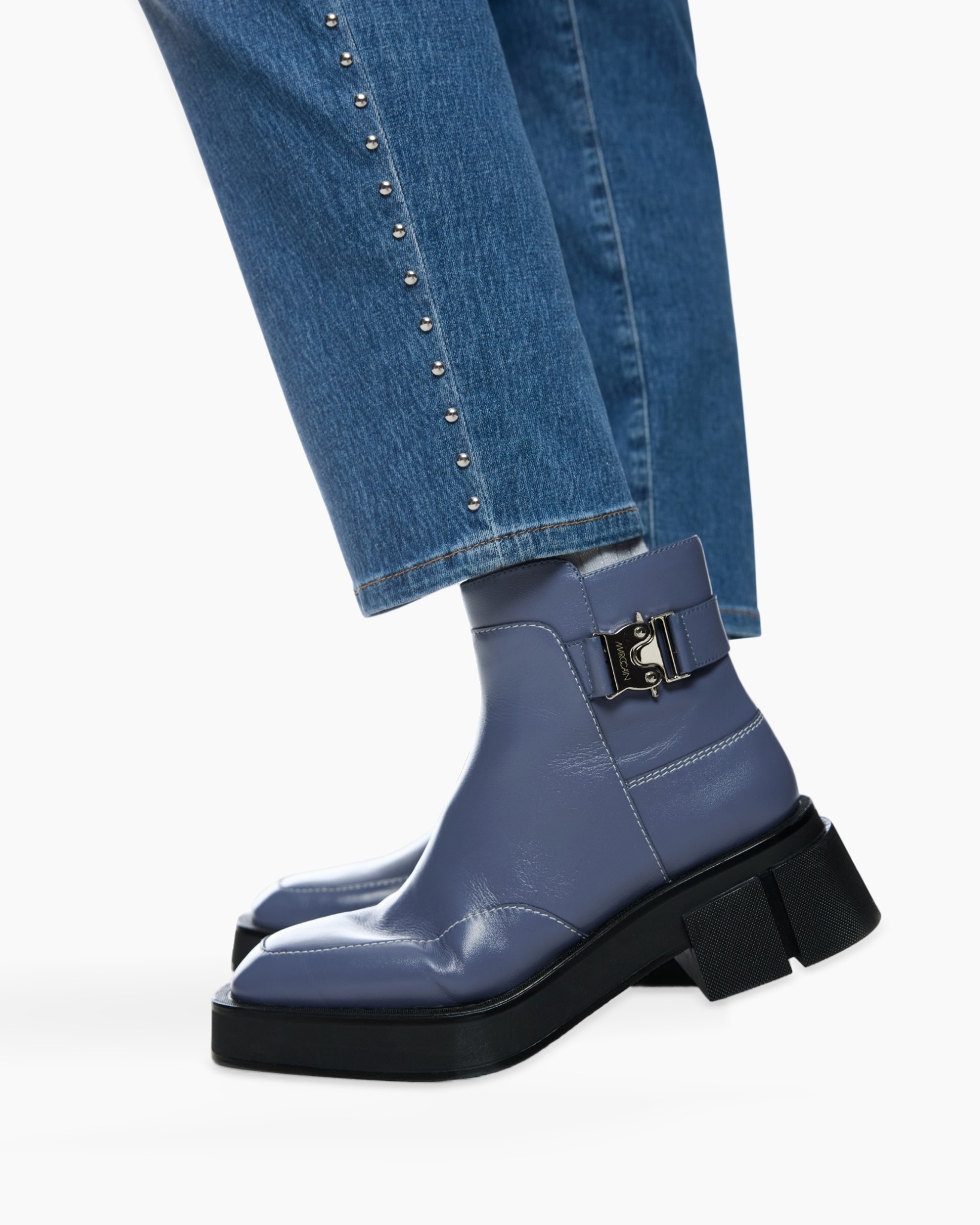 ankle boots, loafers, blue leather boots, buckled boot, chunky sole
