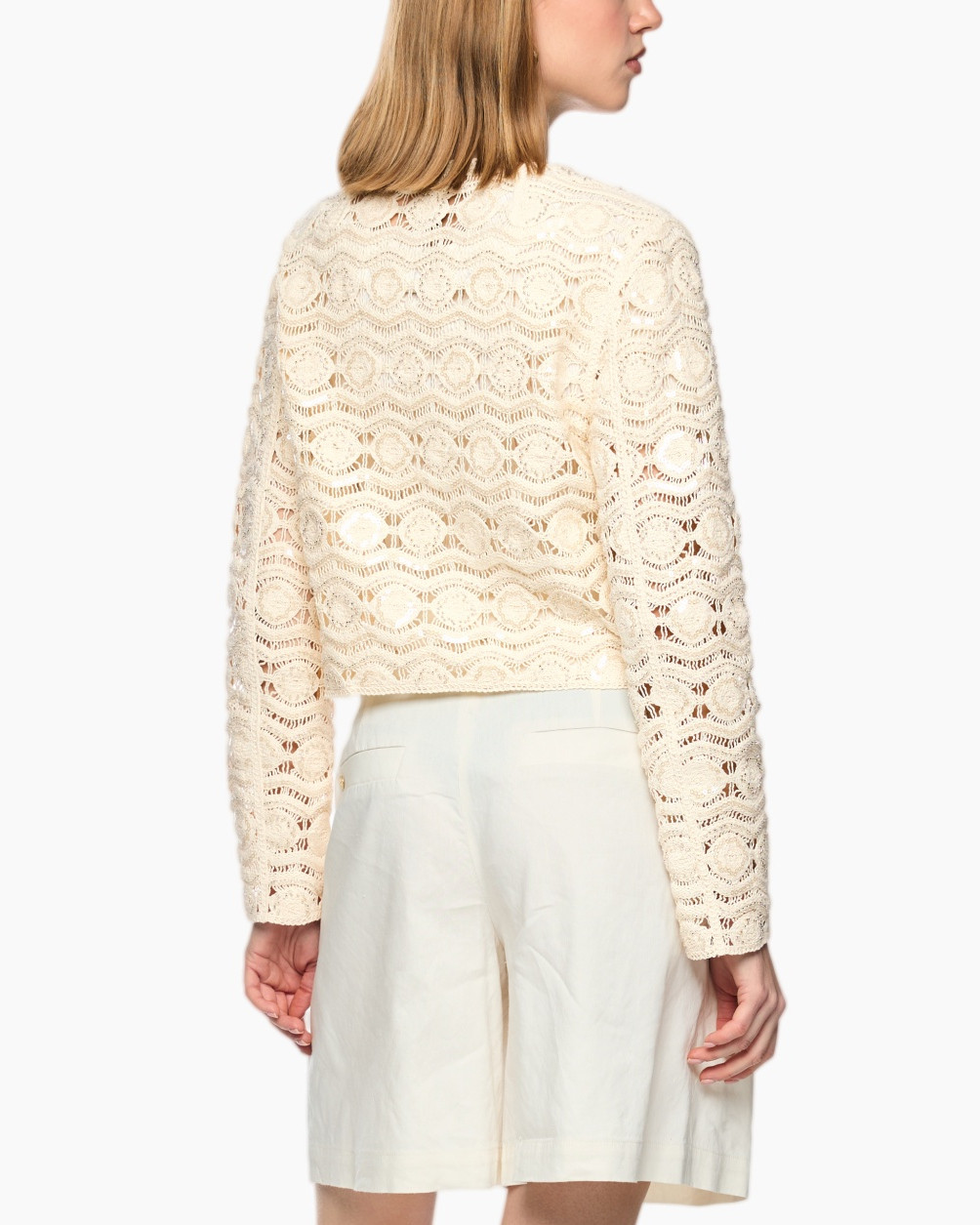 lace cardigan, cream color, short cardigan, crochet pattern, belted shorts