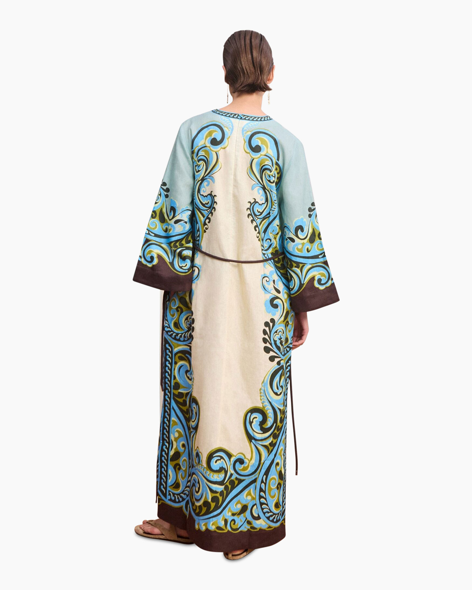 kaftan, long dress, ornate pattern, turquoise, brown trim