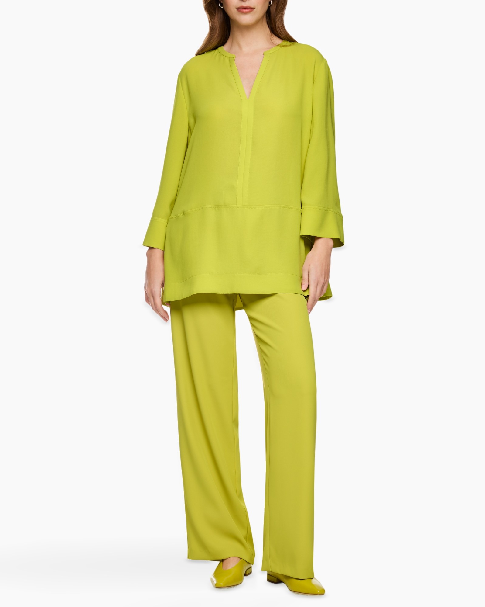 pants, tunic, solid color, lime green, wide leg