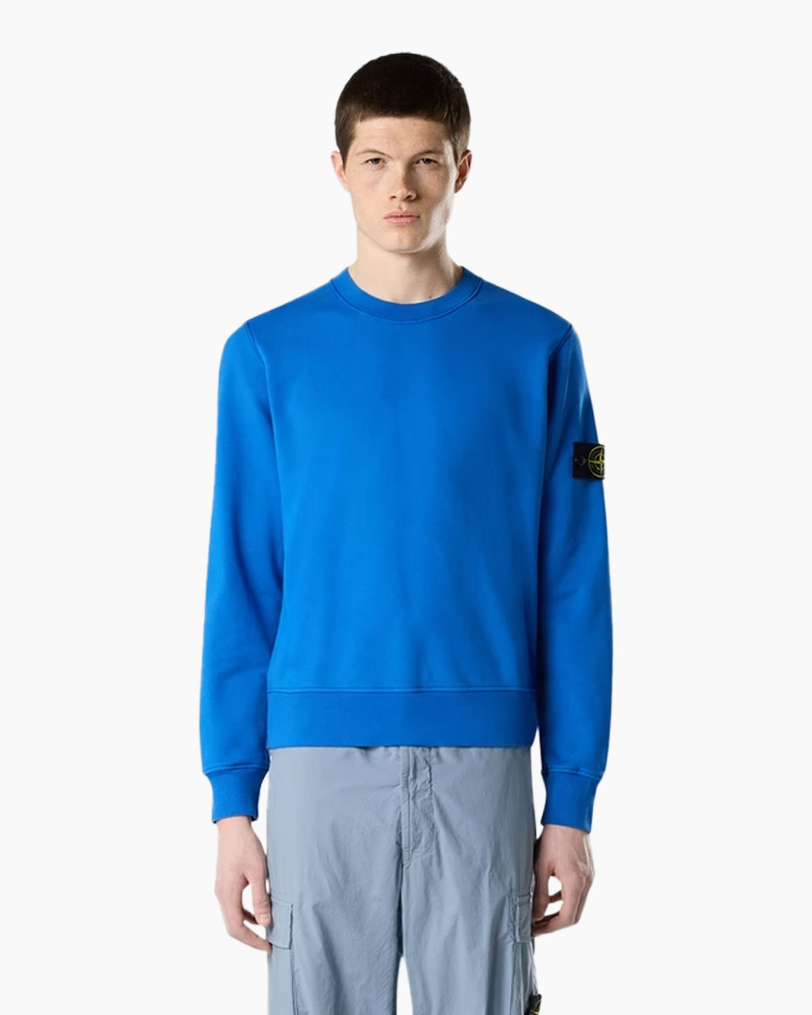 sweatshirt, blue, crewneck, long-sleeve, logo patch