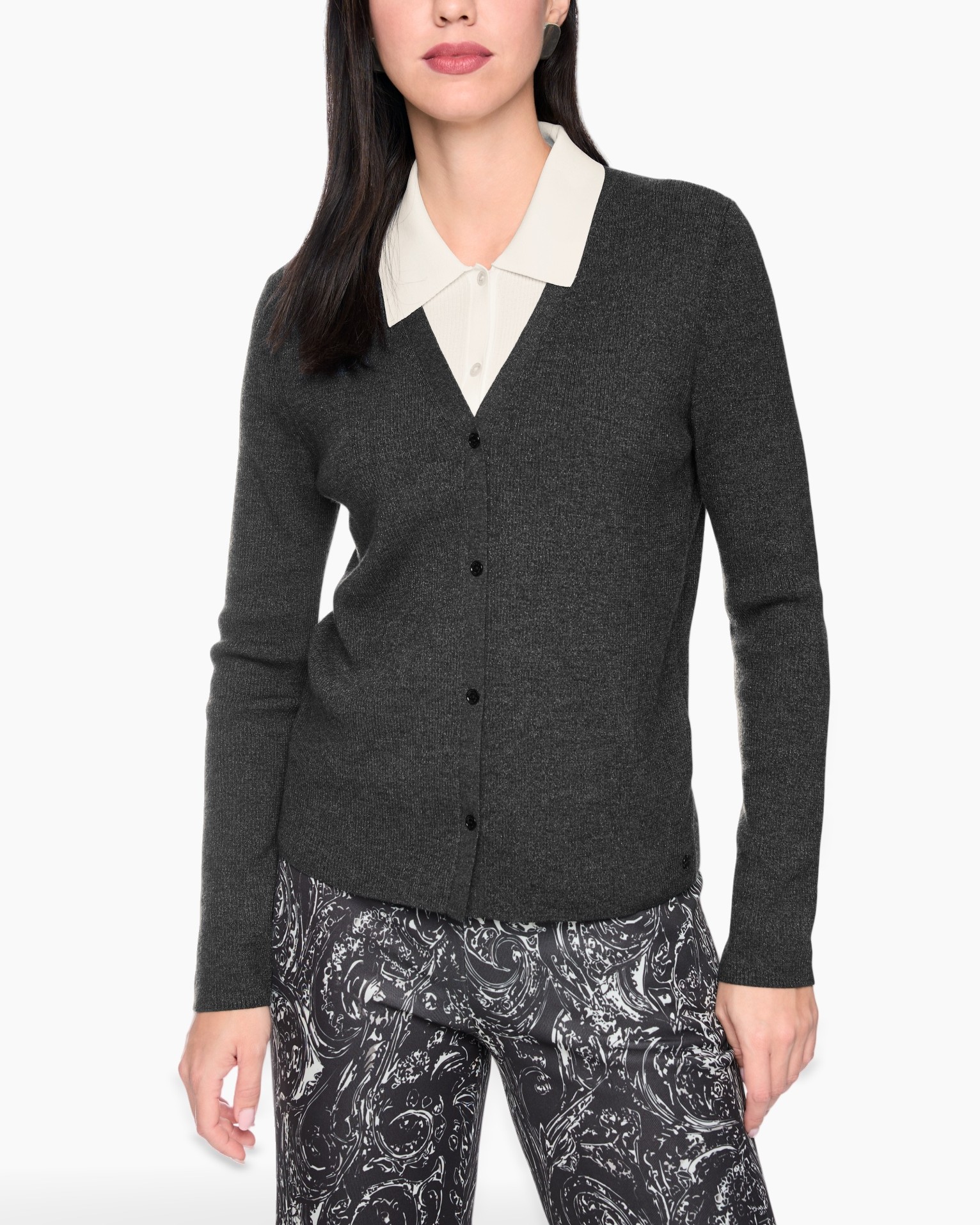 cardigan, buttoned, dark grey, collar, layered look