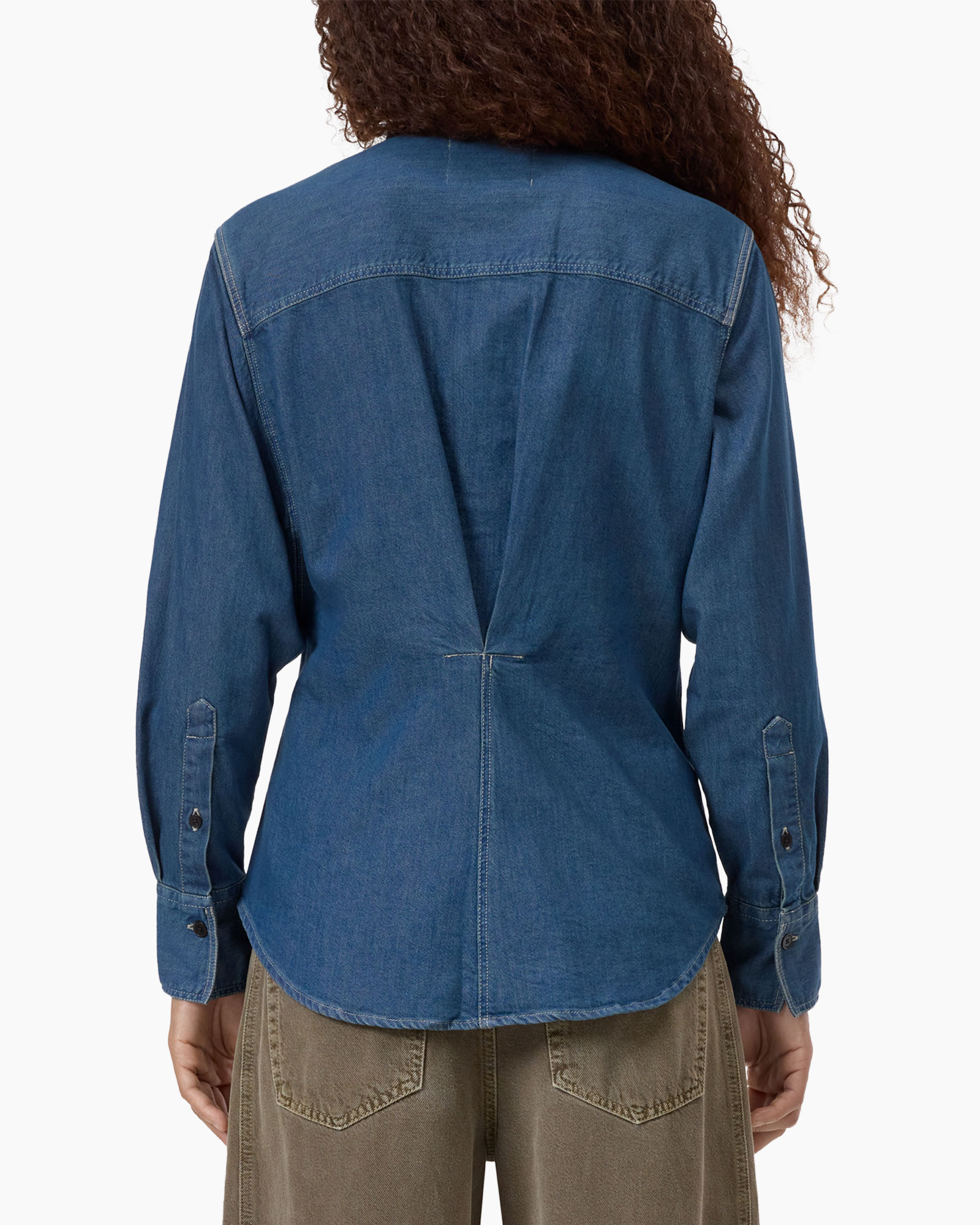 denim shirt, long sleeve, blue, back view, casual