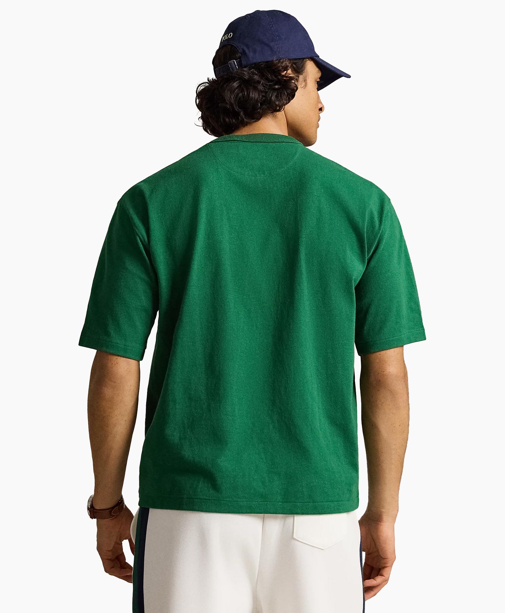 green t-shirt, short sleeve, crew neck, logo small, casual wear