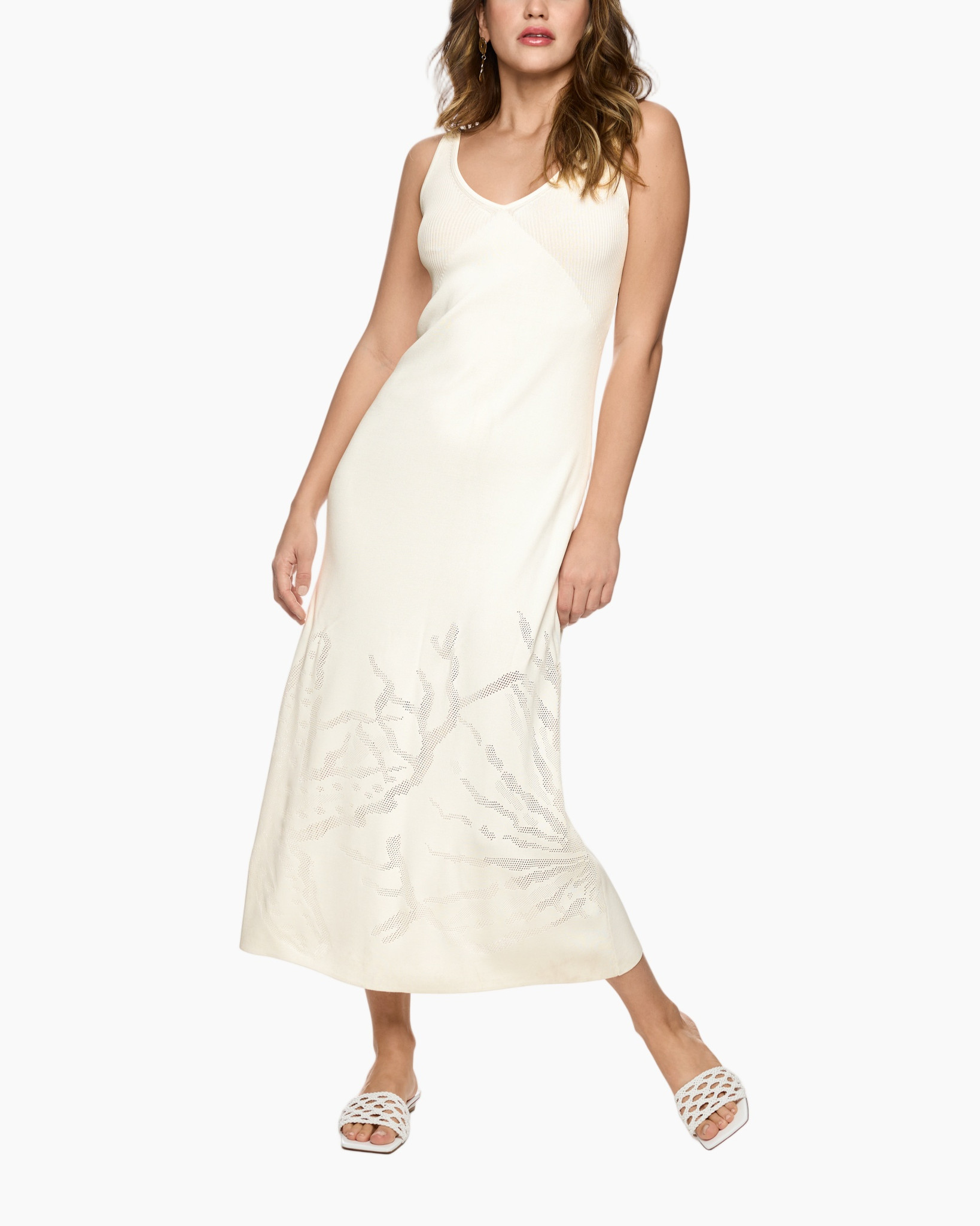 maxi dress, cream dress, sleeveless, thong sandal, embroidery pattern