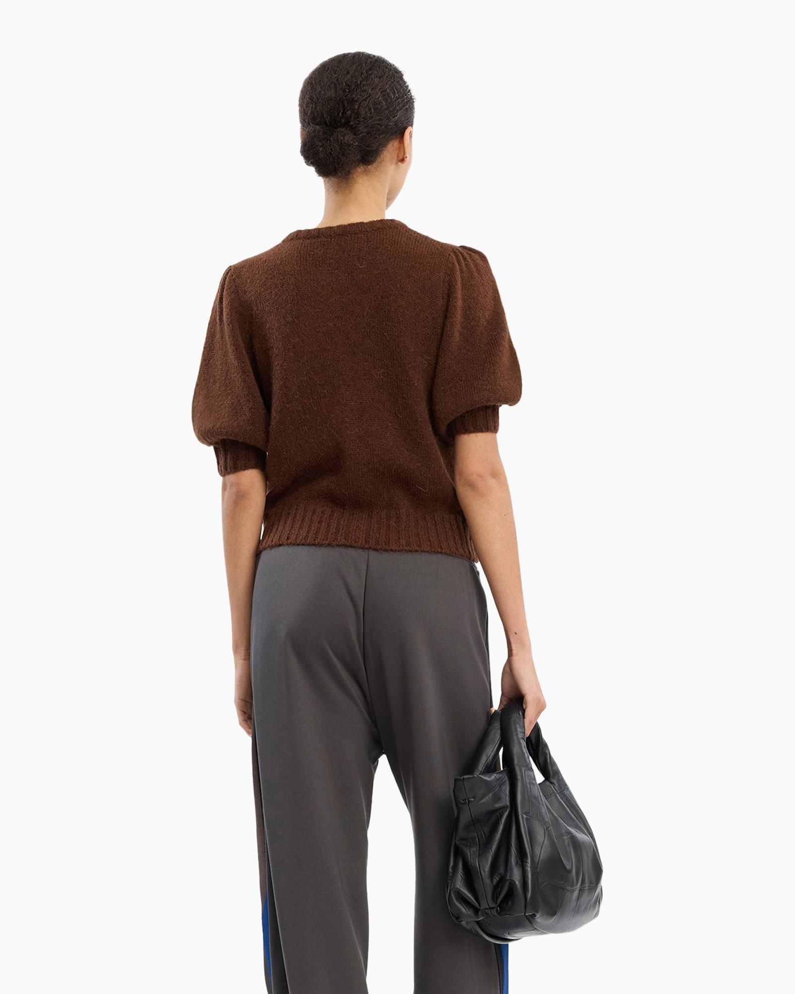 knit sweater, brown, puff sleeve, embellished, cardigan
