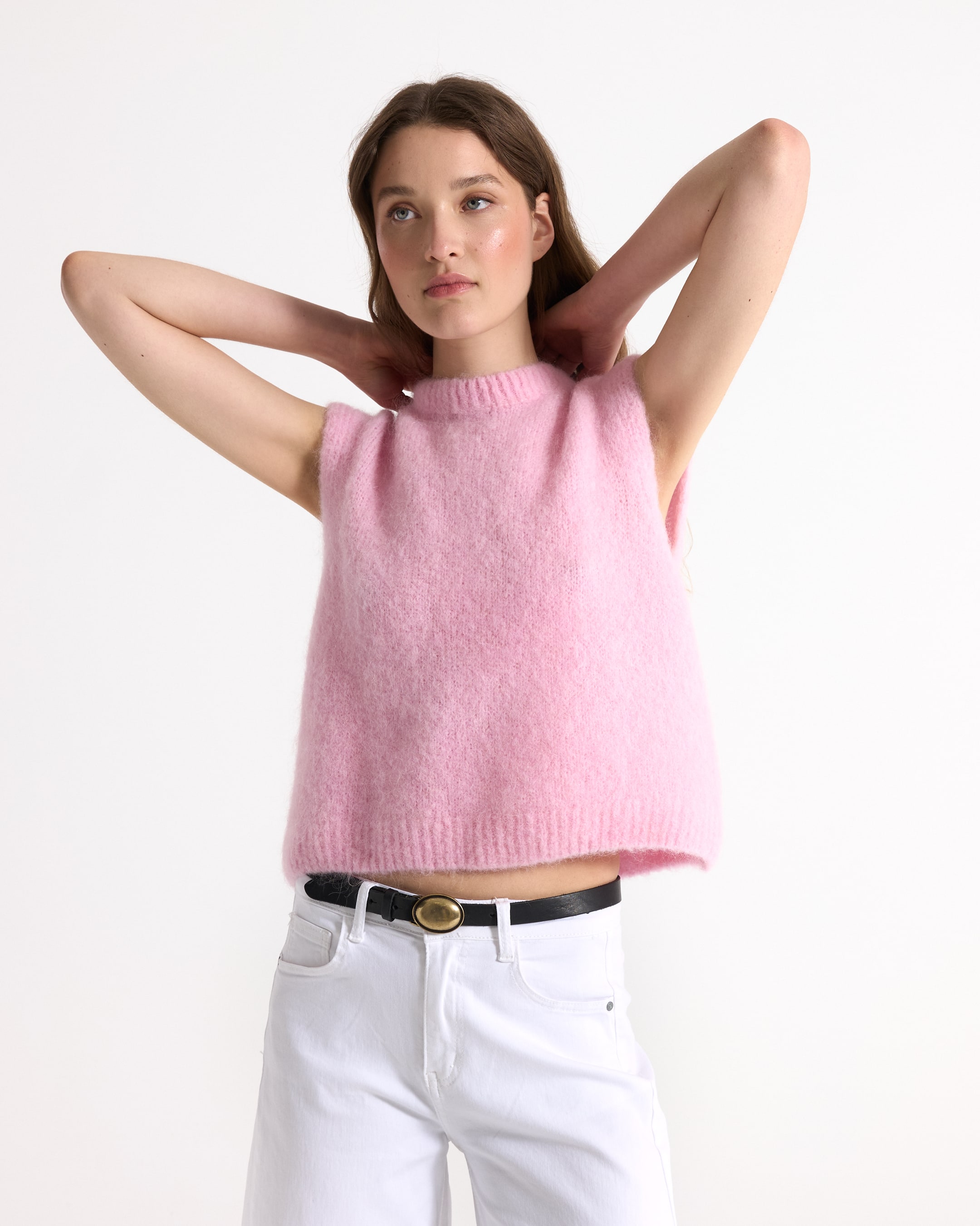 pink sweater, knit top, sleeveless, soft texture, light pink