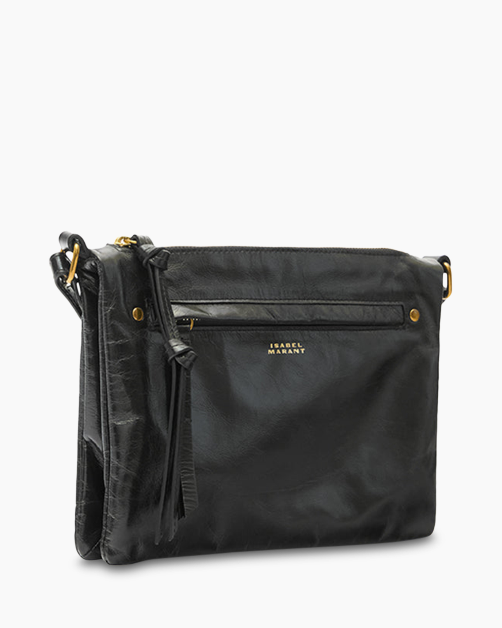 black, crossbody, leather, pocket, gold accents