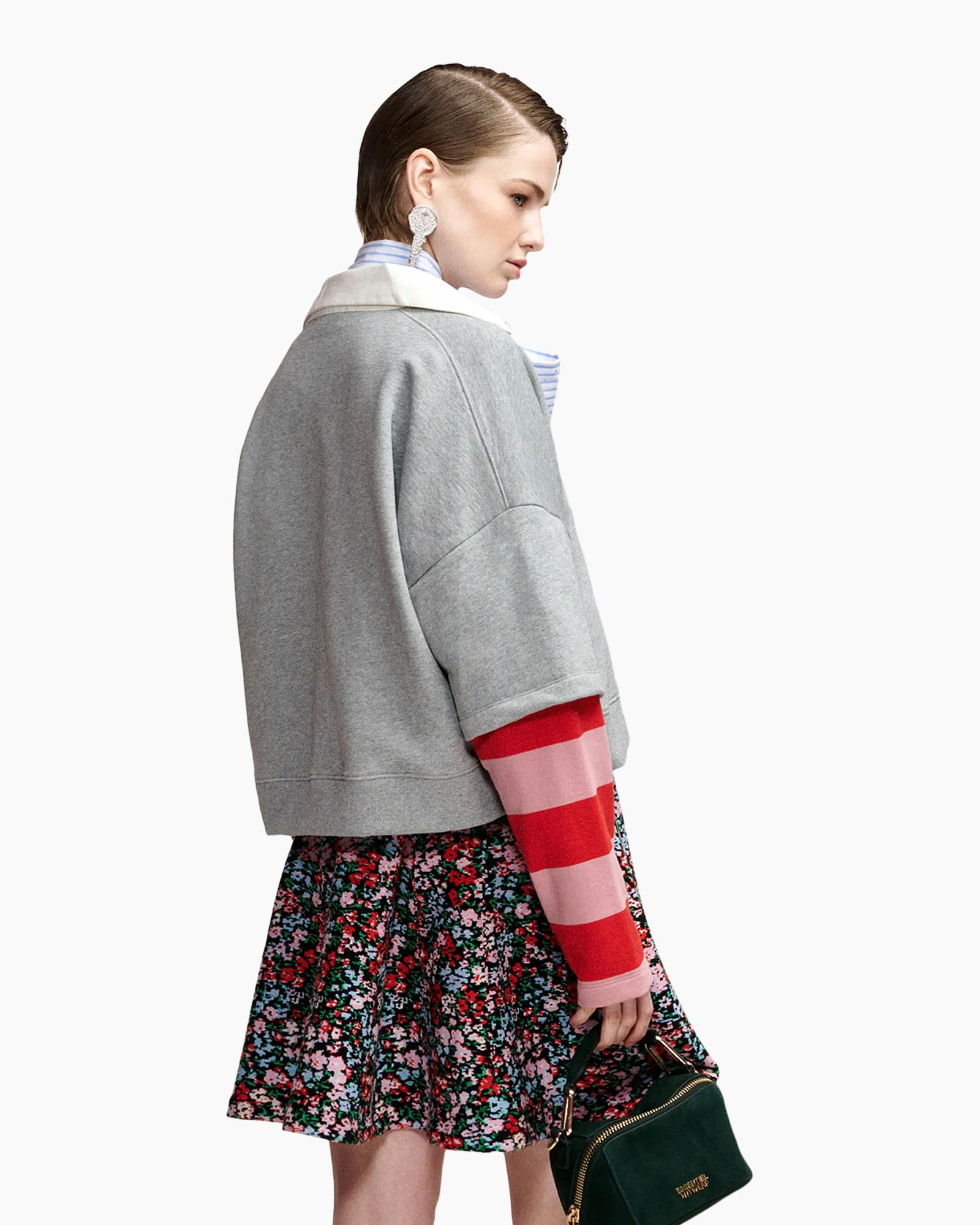 gray sweatshirt,  oversized,  striped scarf,  floral skirt,  red striped sleeves