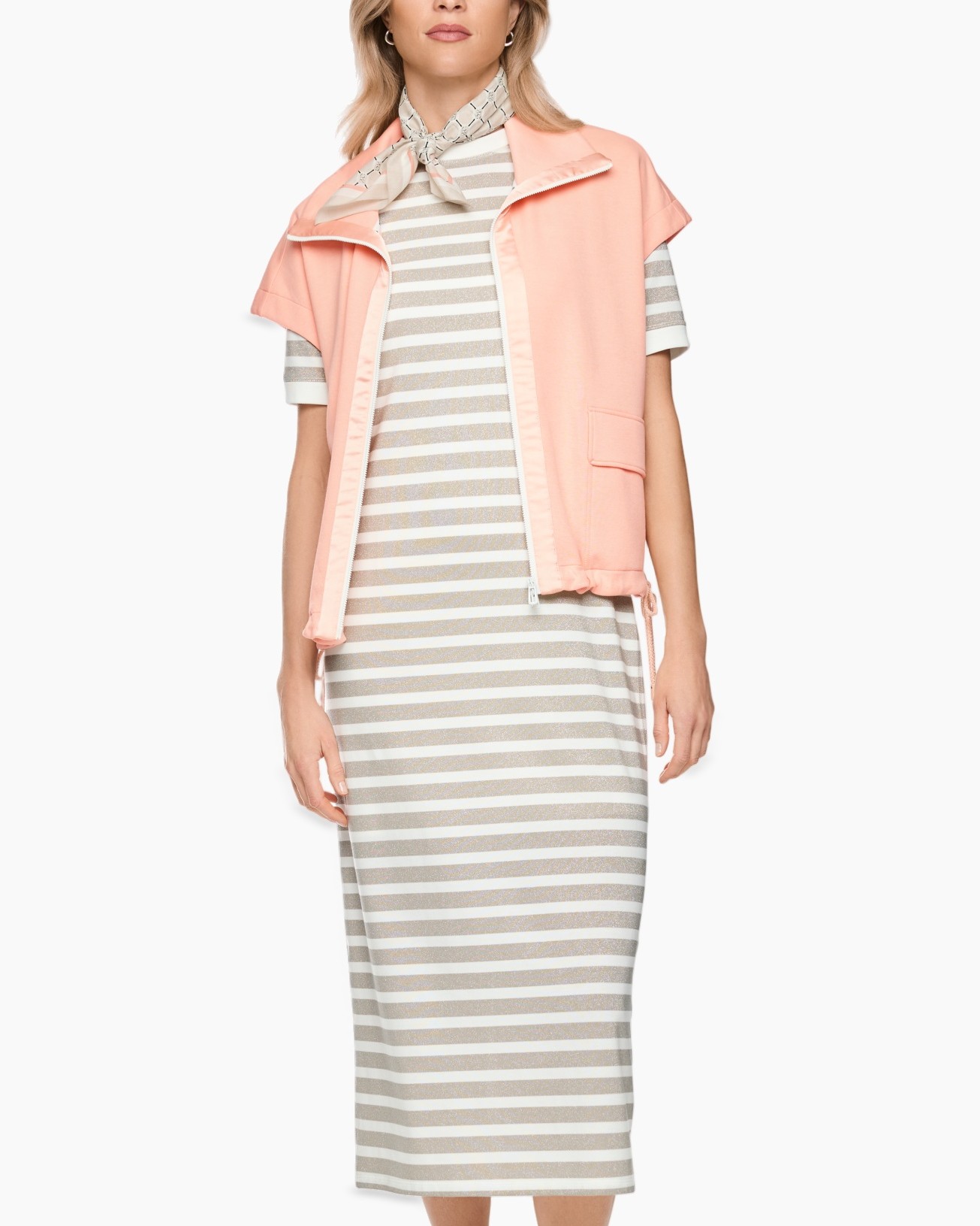 stripe dress, midi dress, striped pattern, knit dress, peach vest