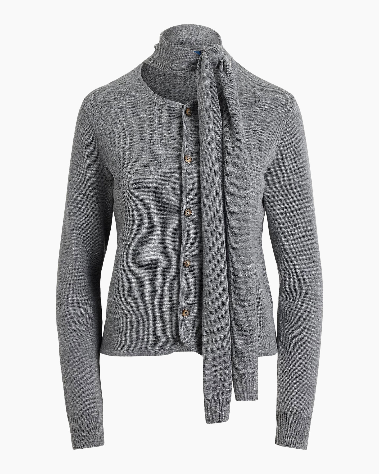 knitted cardigan, buttoned cardigan, scarf detail, long-sleeve, grey