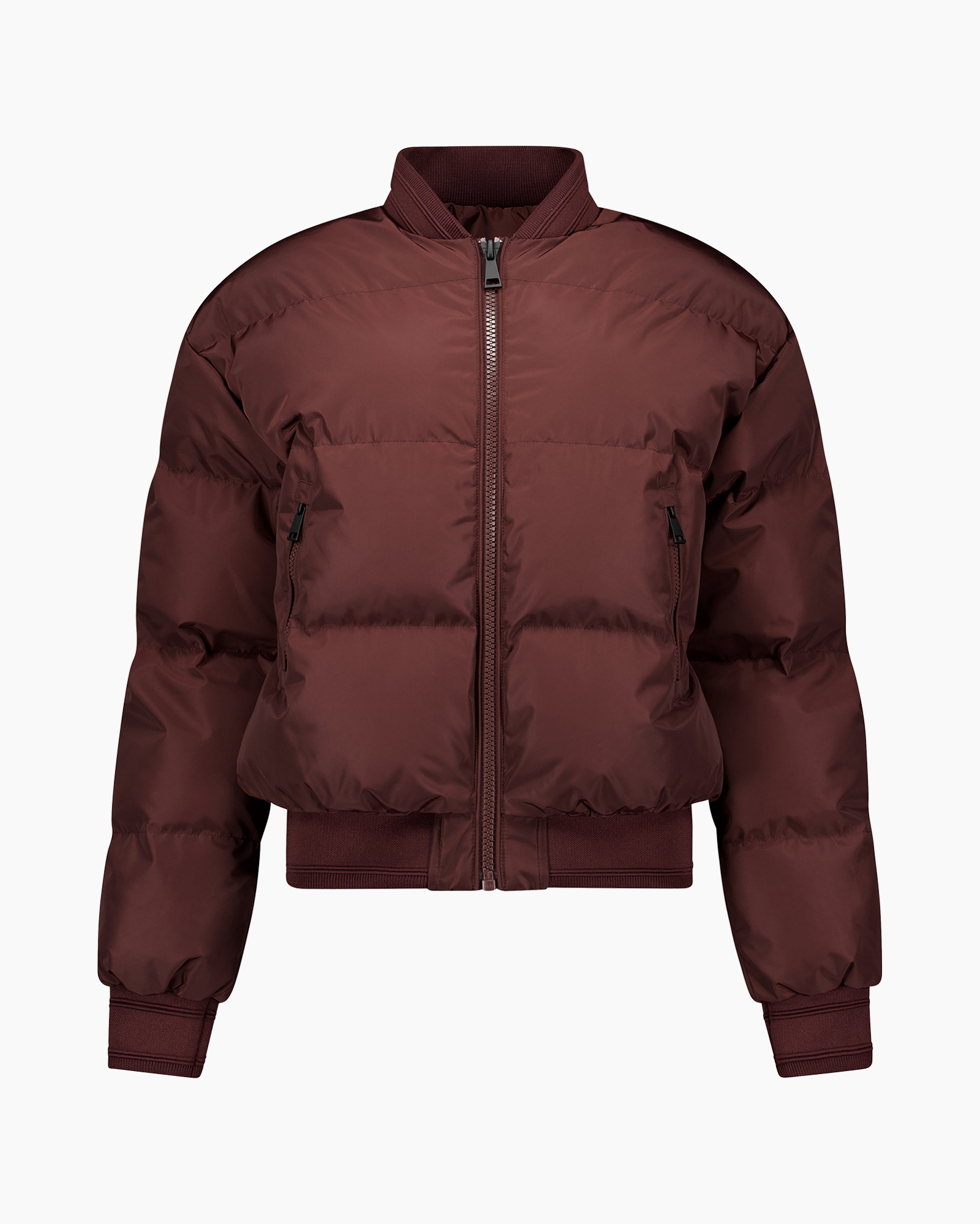 jacket, puffer, burgundy, zipper, ribbed-cuff
