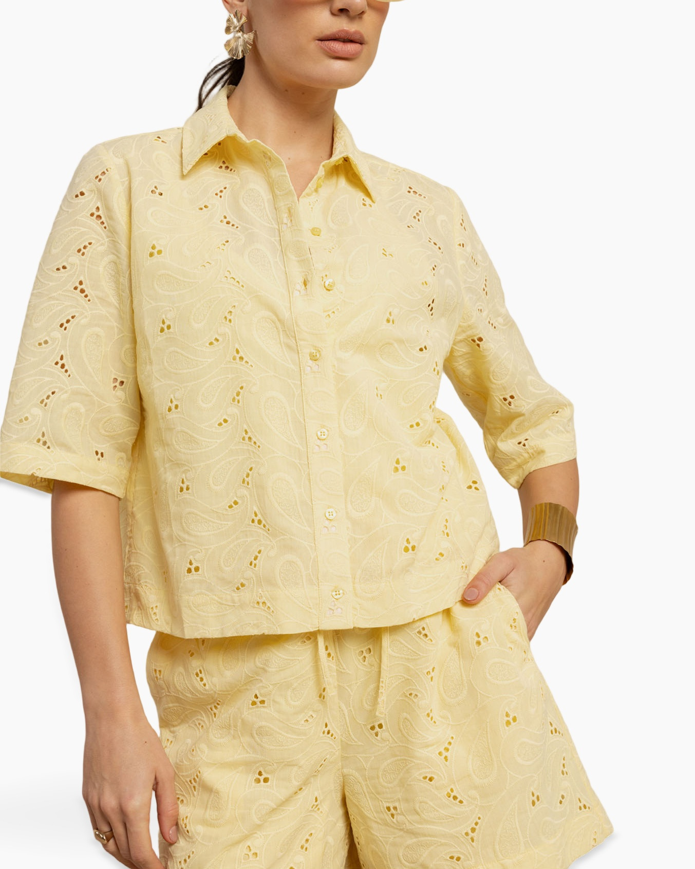 lace, paisley, yellow, button-down, top