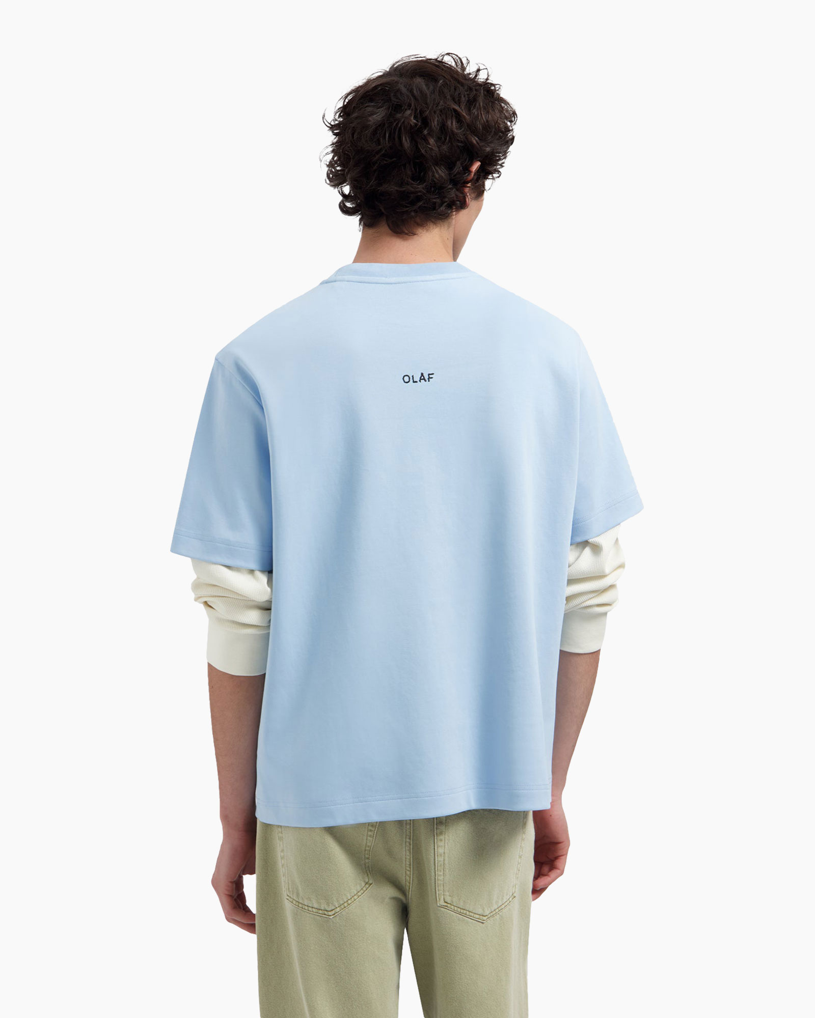 t-shirt, short sleeve, light blue, back view, logo small