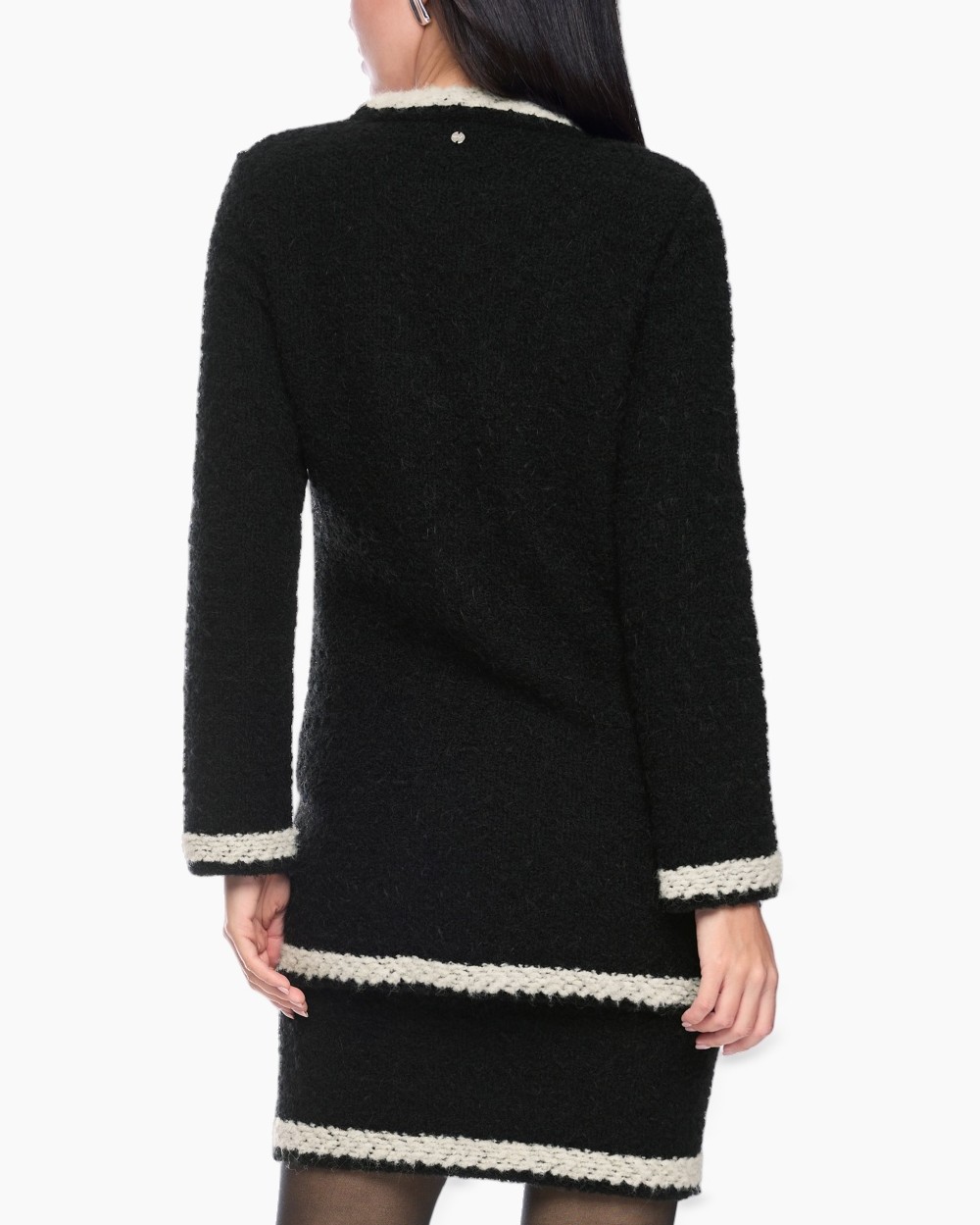 cardigan, bouclé, black, trim, buttoned cardigan