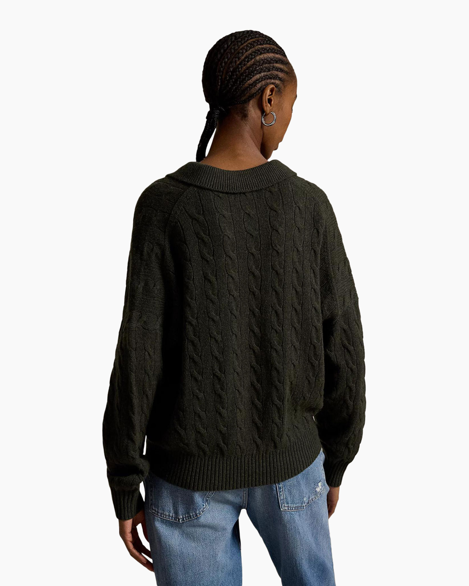 sweater, cable knit, crew neck, dark green, long sleeve
