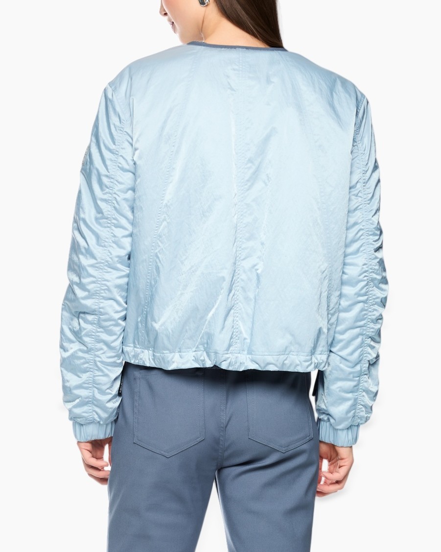 light blue jacket, bomber jacket, padded jacket, long sleeve, back view
