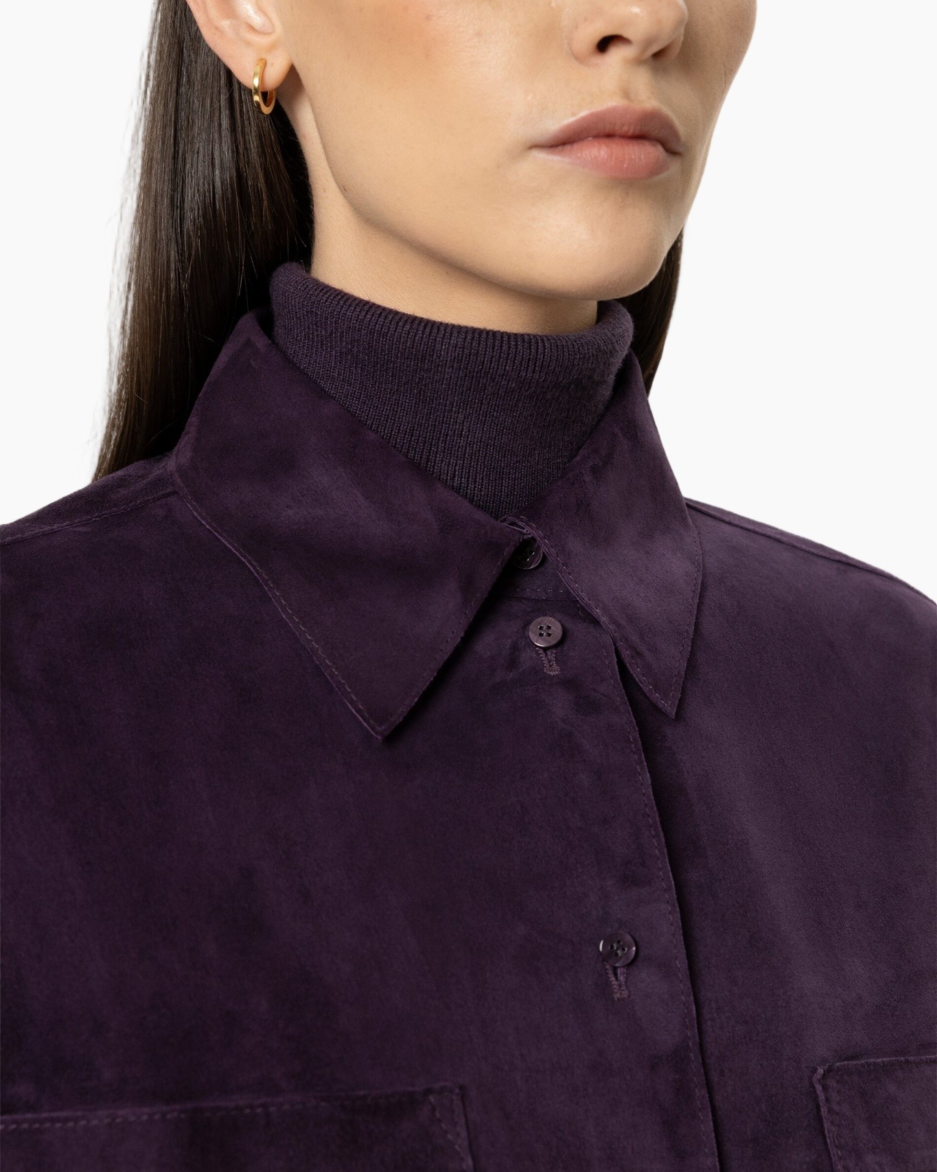 purple, collared shirt, suede, button-down, tee lapel