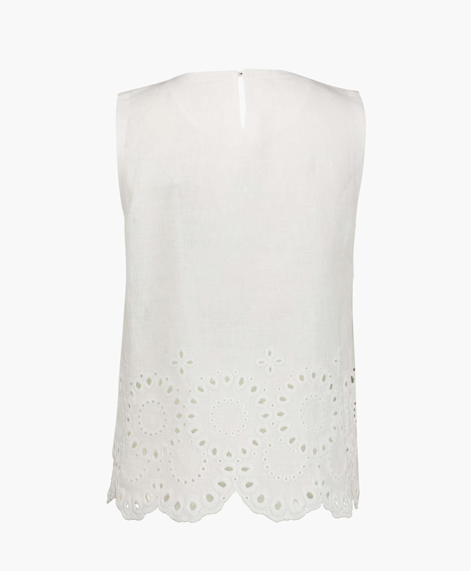 linen, white, sleeveless, eyelet, embroidery