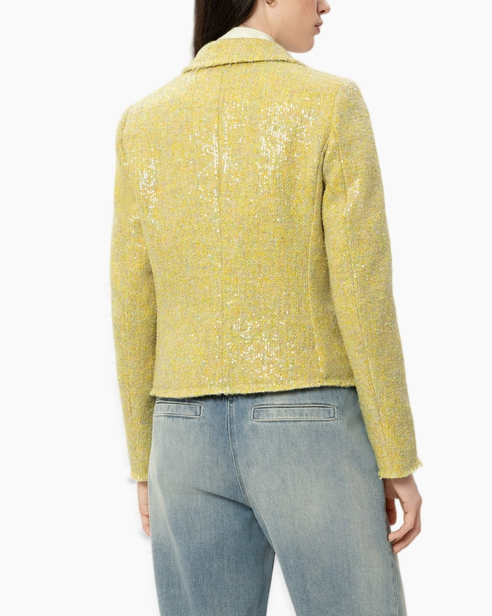 yellow blazer, sequined blazer, tweed blazer, double-breasted, jeans