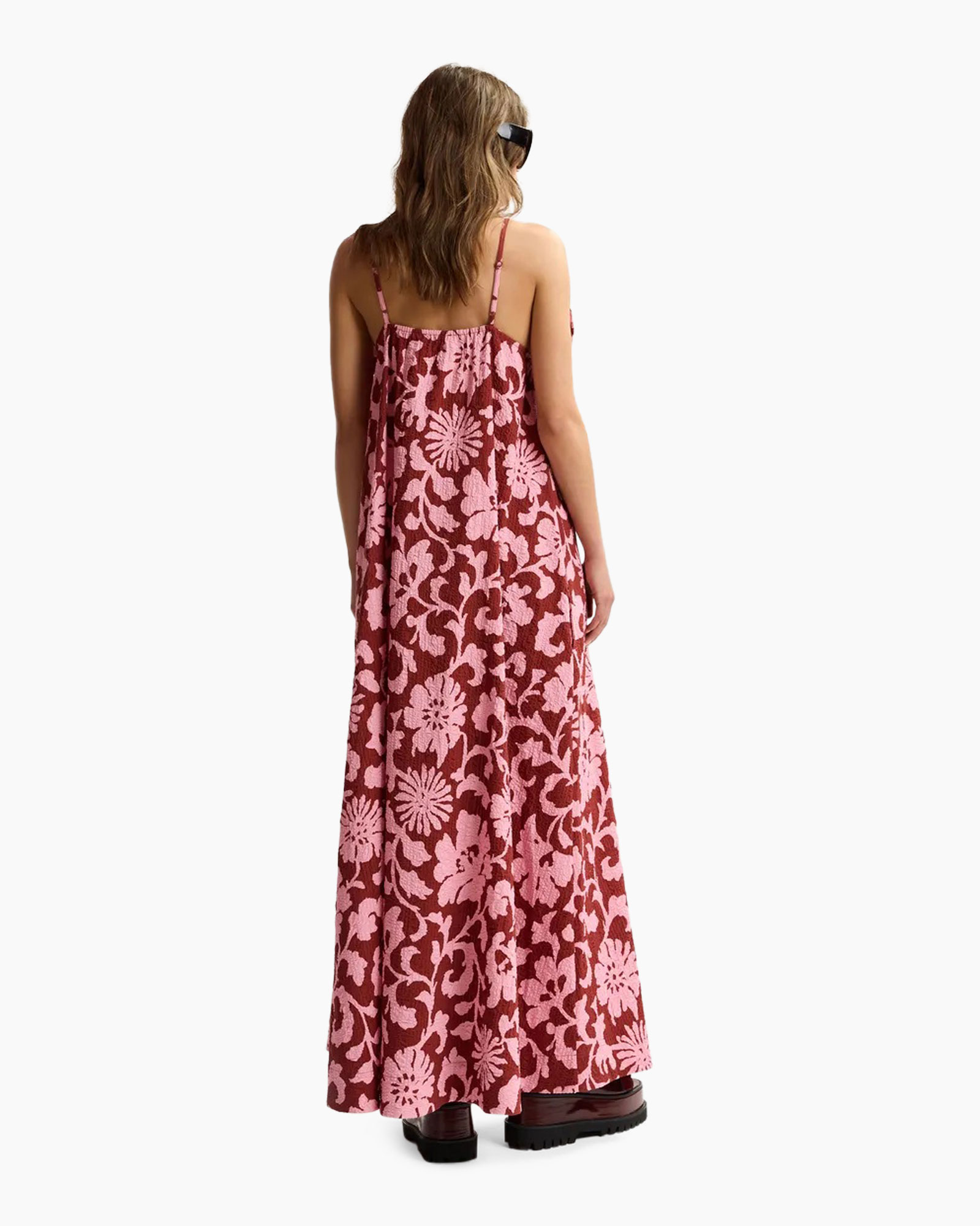 maxi dress, floral pattern, sundress, pink maroon, strapless bow