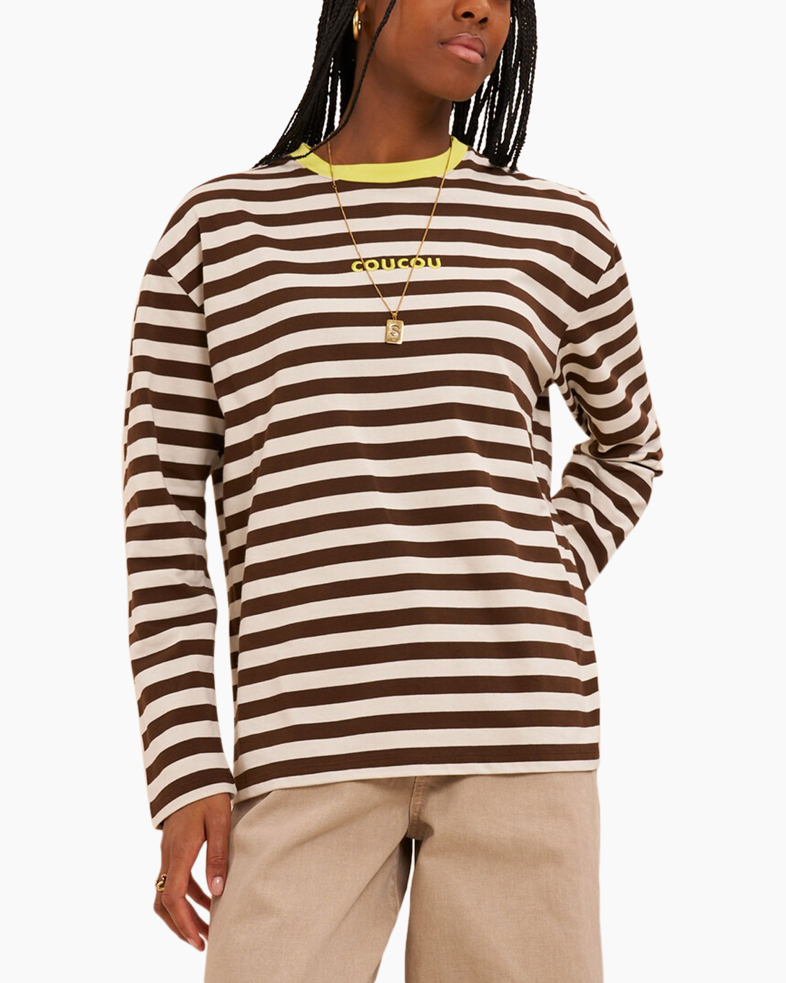 striped sweater, brown white stripes, long sleeve, crew neck, casual knit