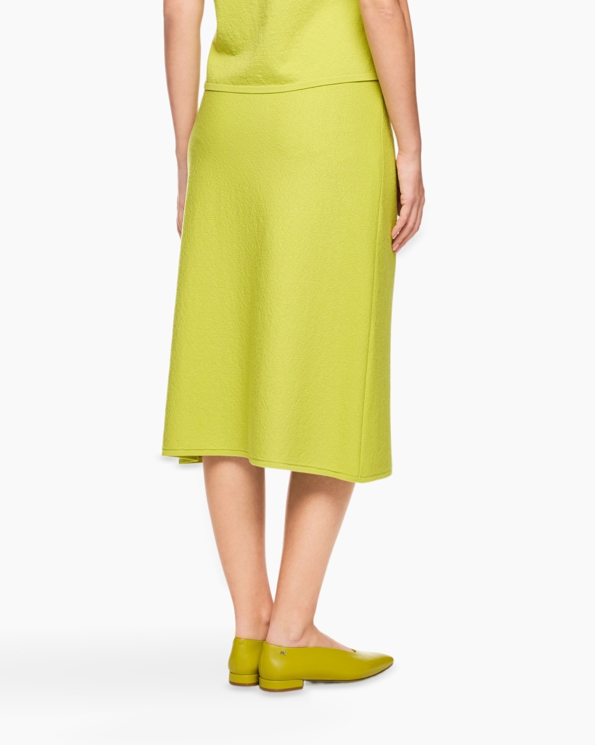 skirt, midi, lime, textured, flat shoes