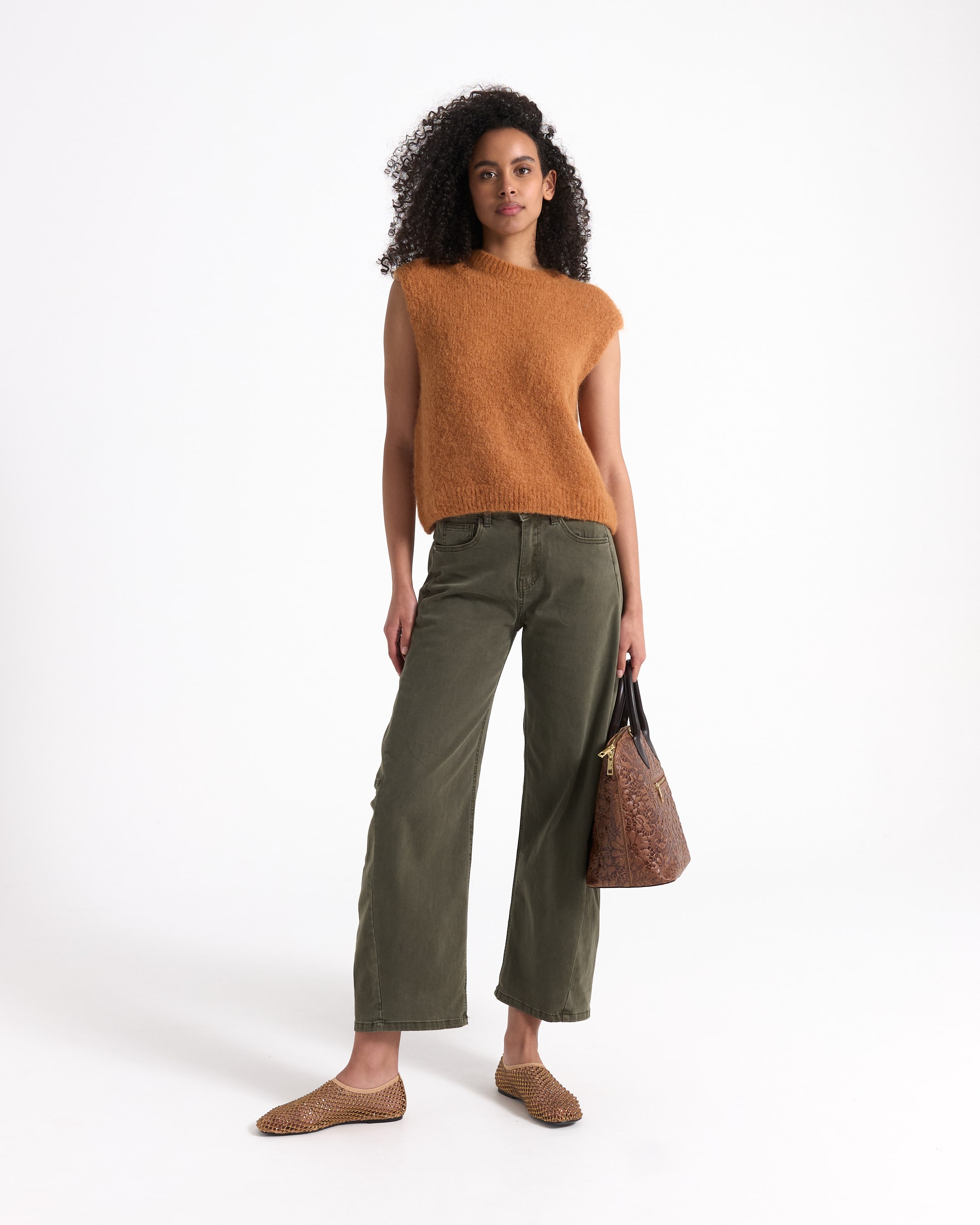 sleeveless sweater, orange top, fuzzy knit, knit tank, women's top