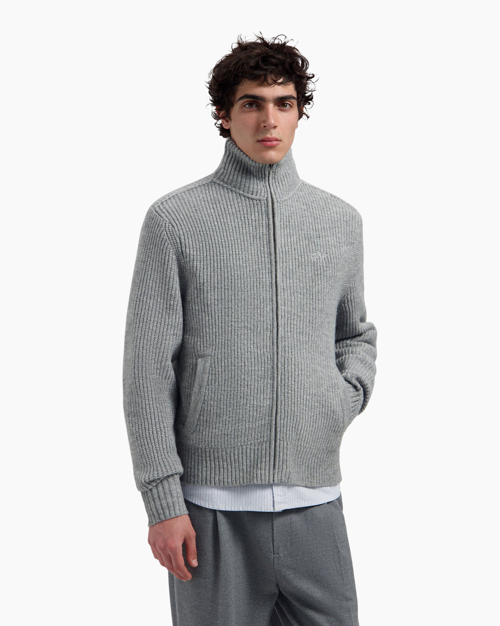 cardigan, knit, zipped, gray, pockets
