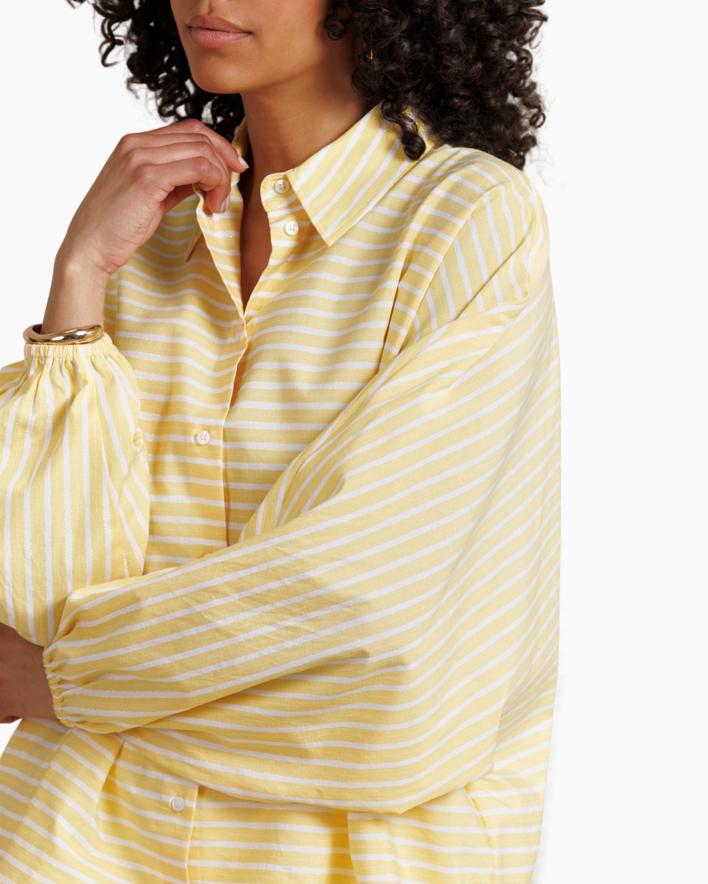 striped, blouse, yellow, collared, long-sleeve
