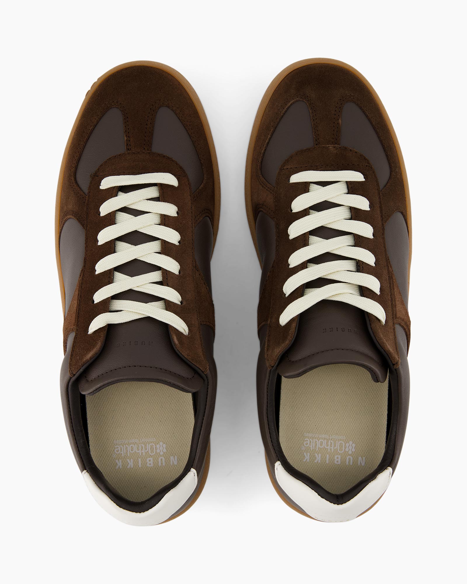brown sneakers, suede, white laces, low-top, pair