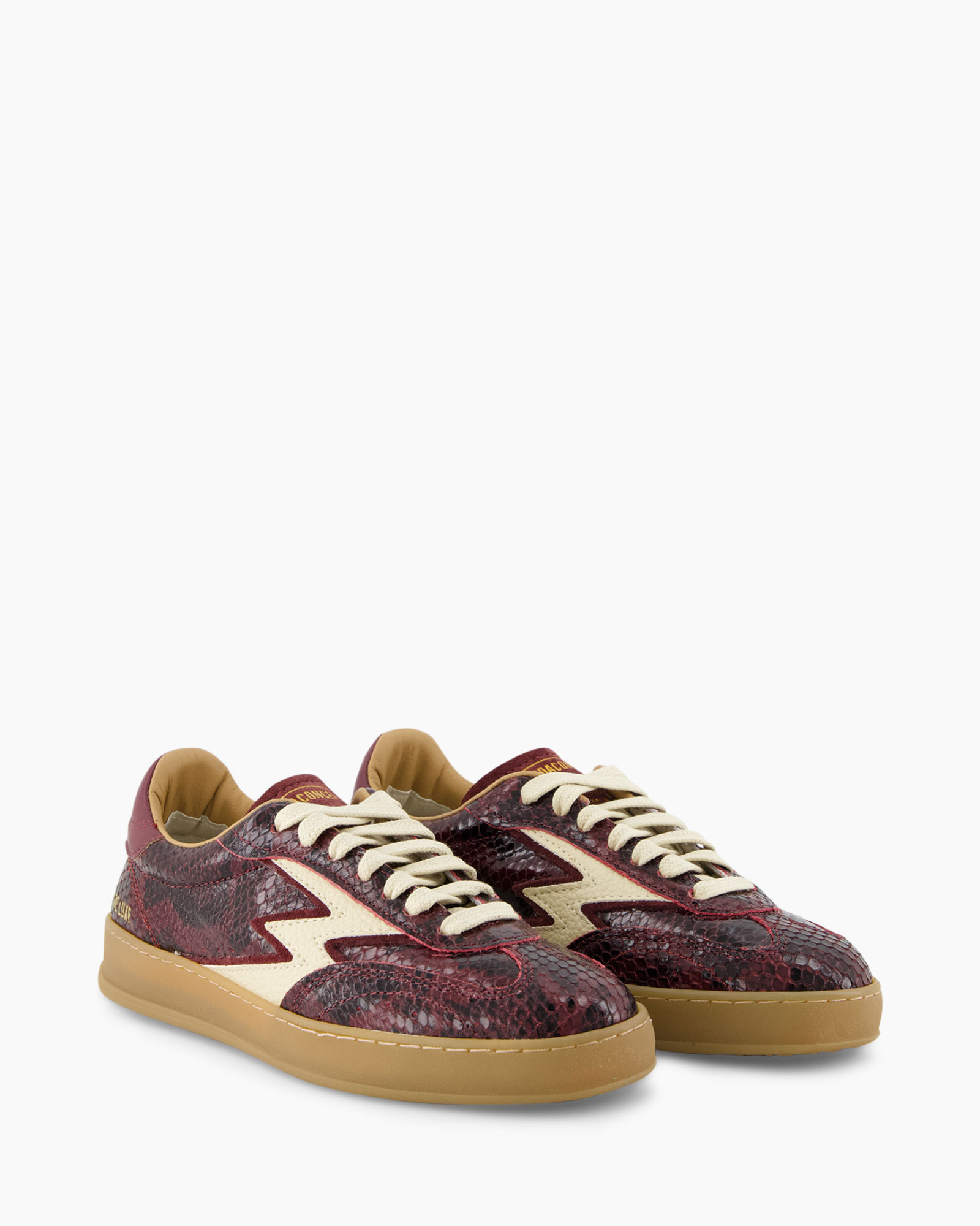 sneaker, shoe, low-top, maroon, snake-embossed