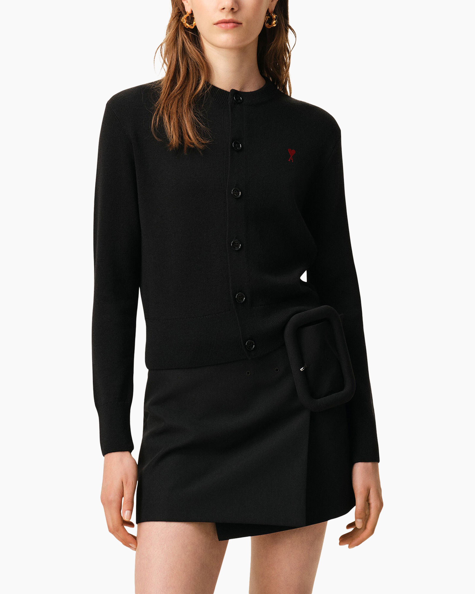 cardigan, black, knit, buttoned, belted